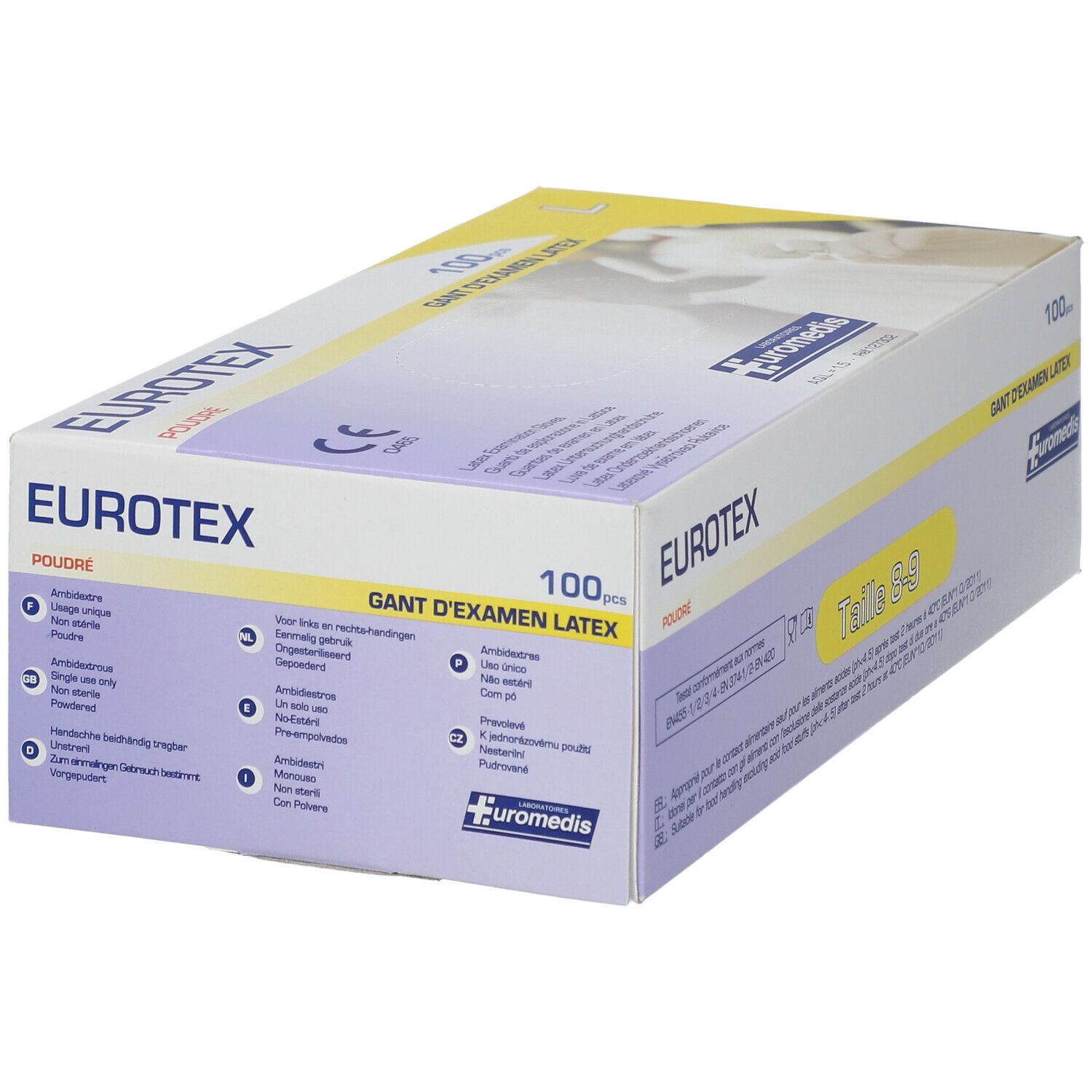 Boîte de gants EUROTEX, 100 pièces. Texte: GANT D'EXAMEN LATEX. Sur le côté: EUROTEX, POUDRE, marquage CE et autres informations.