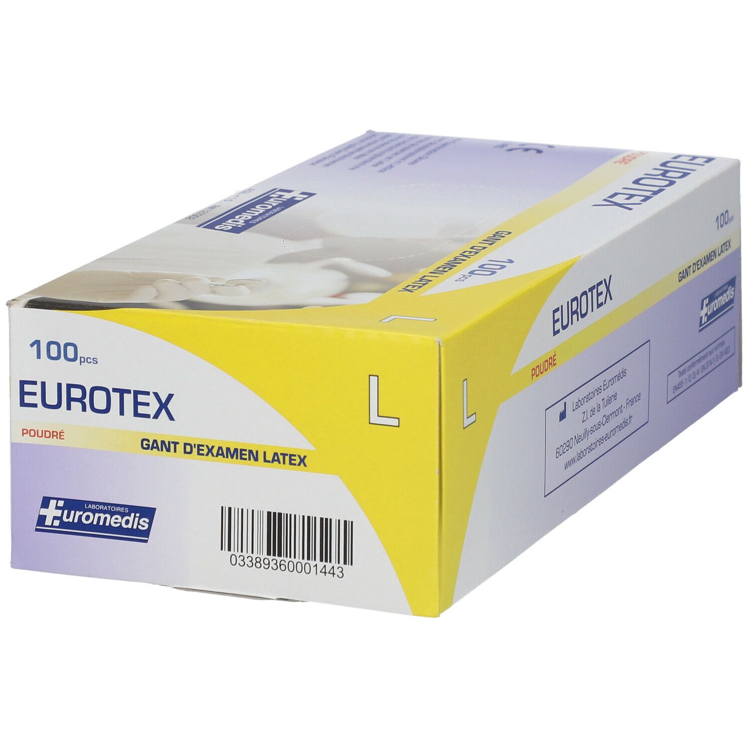 Boîte de gants EUROTEX, taille L, 100 pièces. Texte: GANT D'EXAMEN LATEX. Sur le côté: EUROTEX, POUDRE, code-barres.