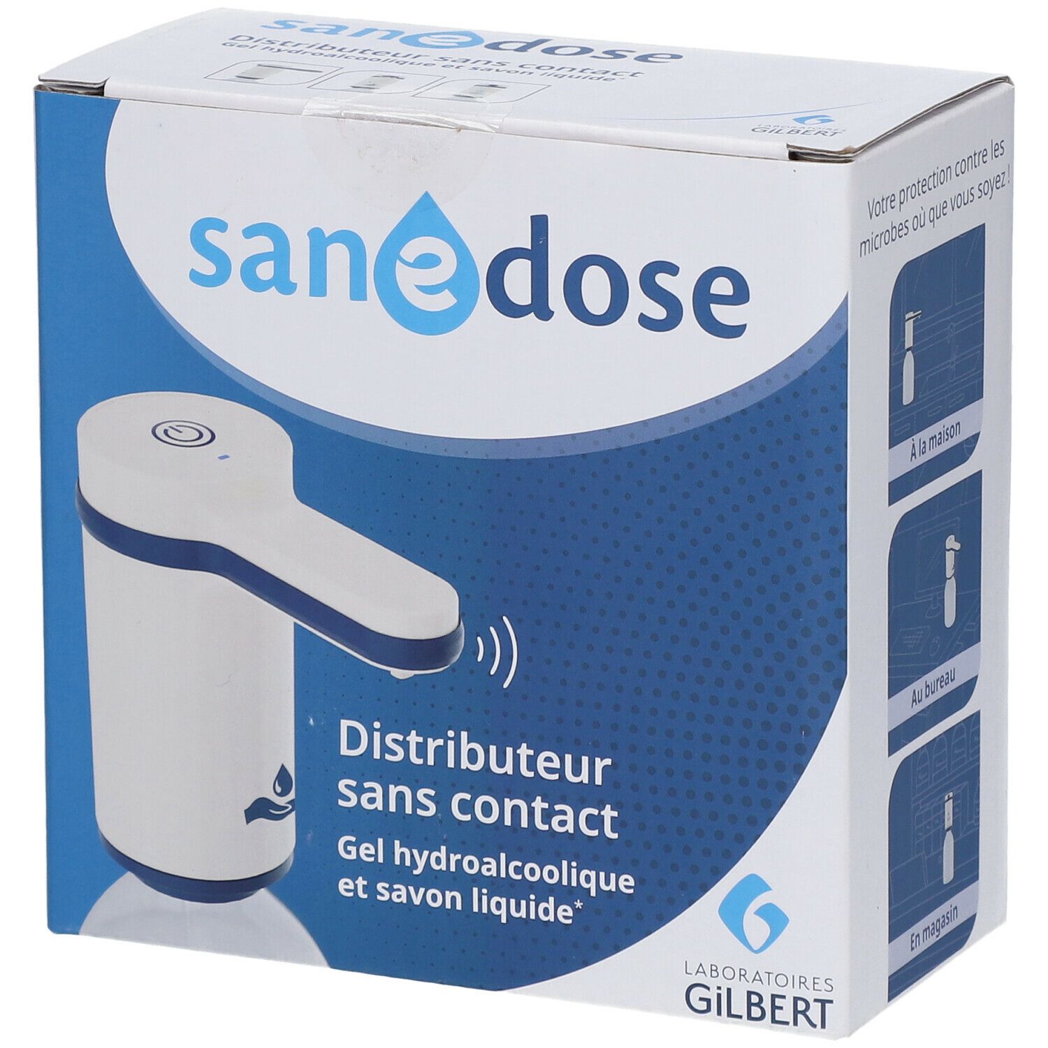 Boîte du distributeur sans contact. Inscriptions: sanedose, Distributeur sans contact, Gel hydroalcoolique et savon liquide. Laboratoires Gilbert.