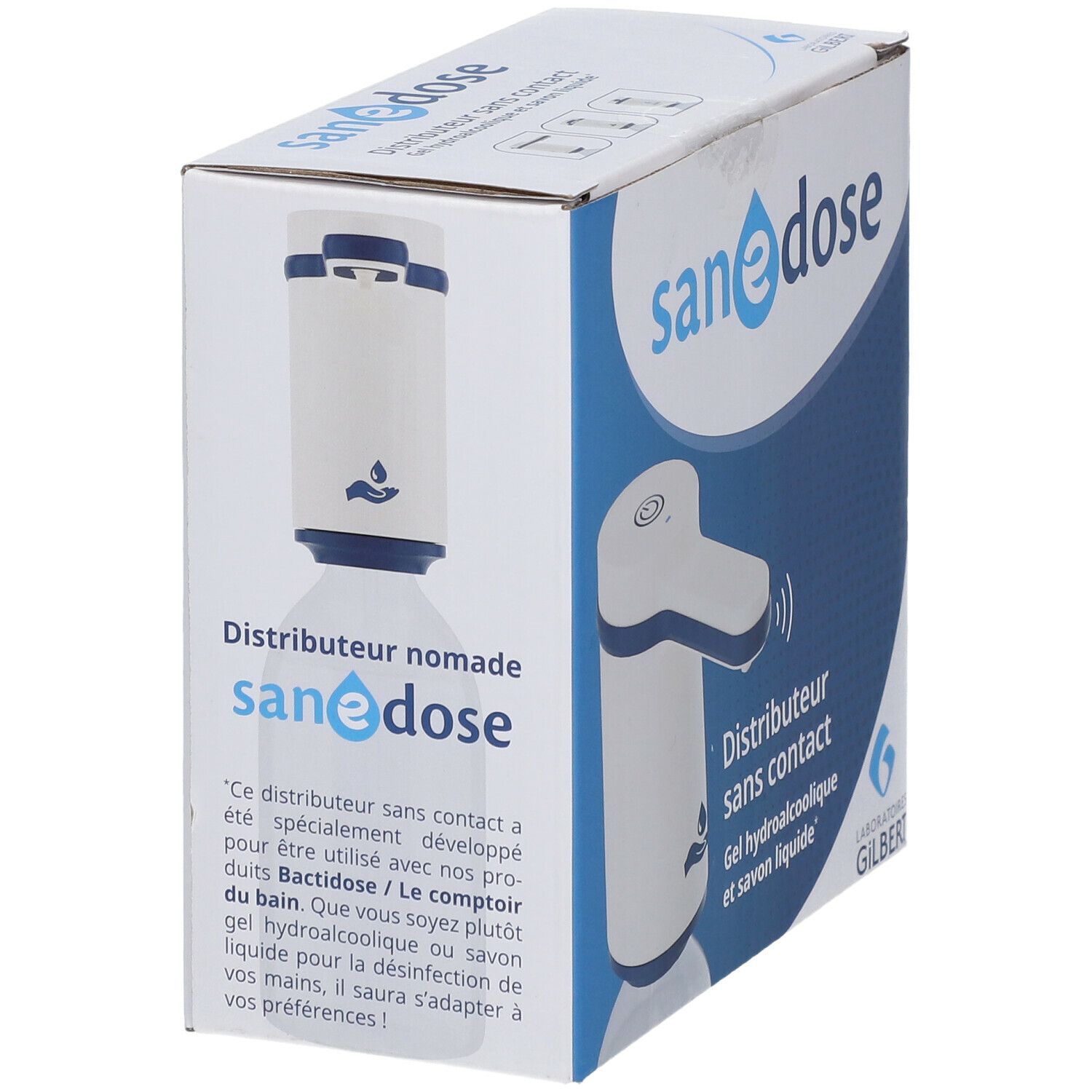 Boîte du distributeur sans contact. Inscriptions: sanedose, Distributeur nomade, Distributeur sans contact. Texte sur l'utilisation avec Bactidose.