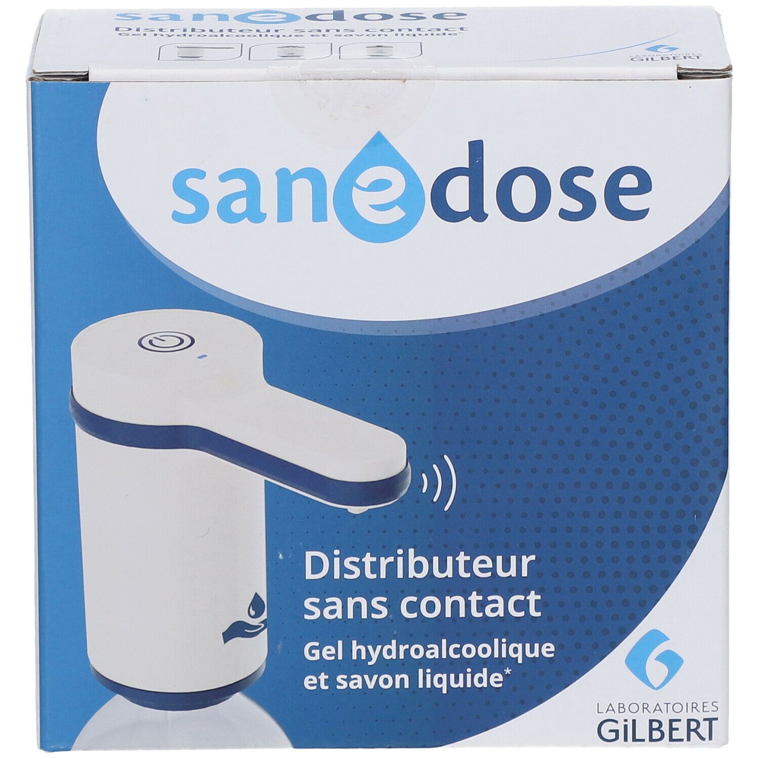 Face avant de la boîte du distributeur sans contact. Inscriptions: sanedose, Distributeur sans contact, Gel hydroalcoolique et savon liquide. Laboratoires Gilbert.