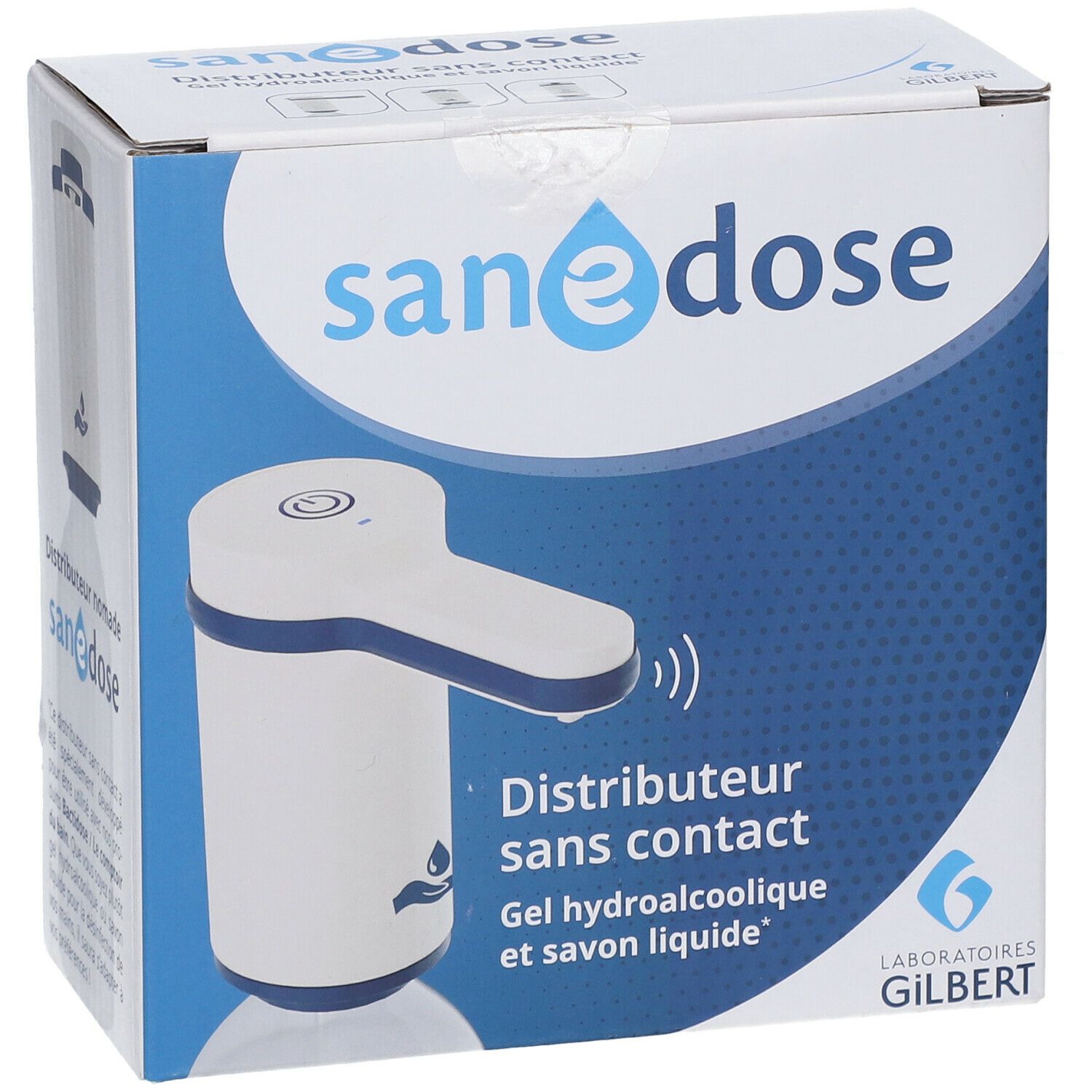 Face avant de la boîte du distributeur sans contact. Inscriptions: sanedose, Distributeur sans contact, Gel hydroalcoolique et savon liquide. Laboratoires Gilbert.