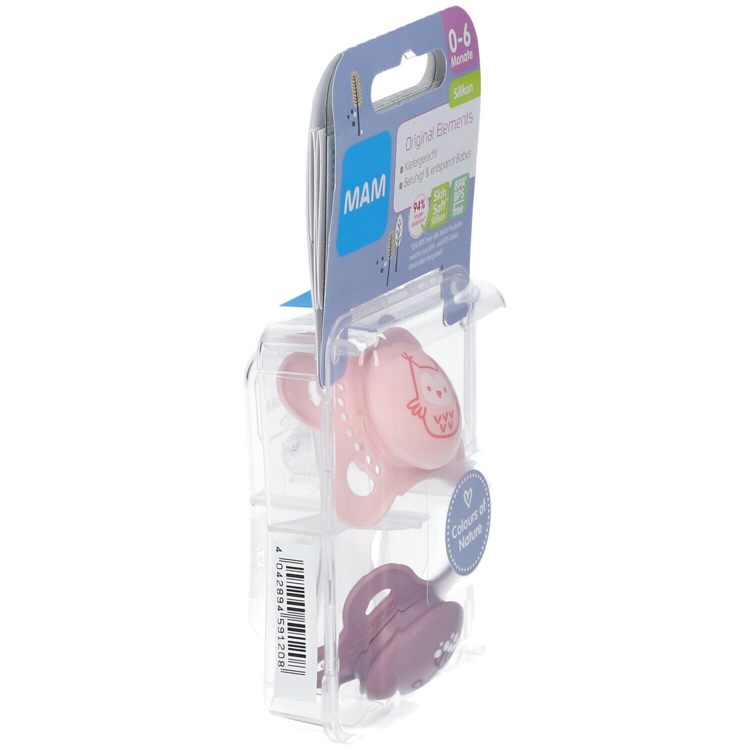 Twee fopspenen in verpakking. Roze speen met uil, paarse speen. Merk MAM, Original Elements, 0-6 maanden.