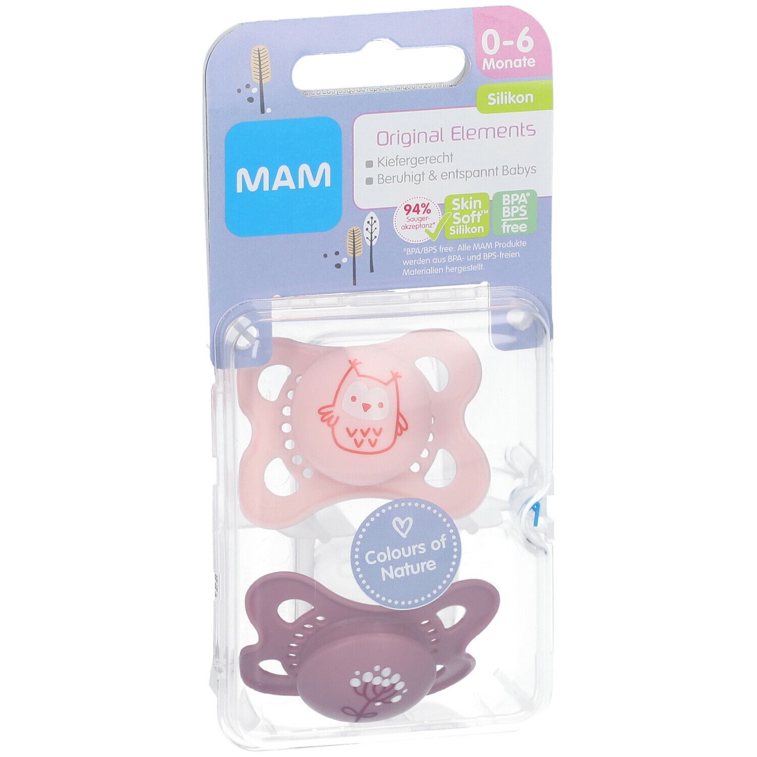 Twee fopspenen in verpakking. Roze speen met uil, paarse speen. Merk MAM, Original Elements, 0-6 maanden. Verpakking.