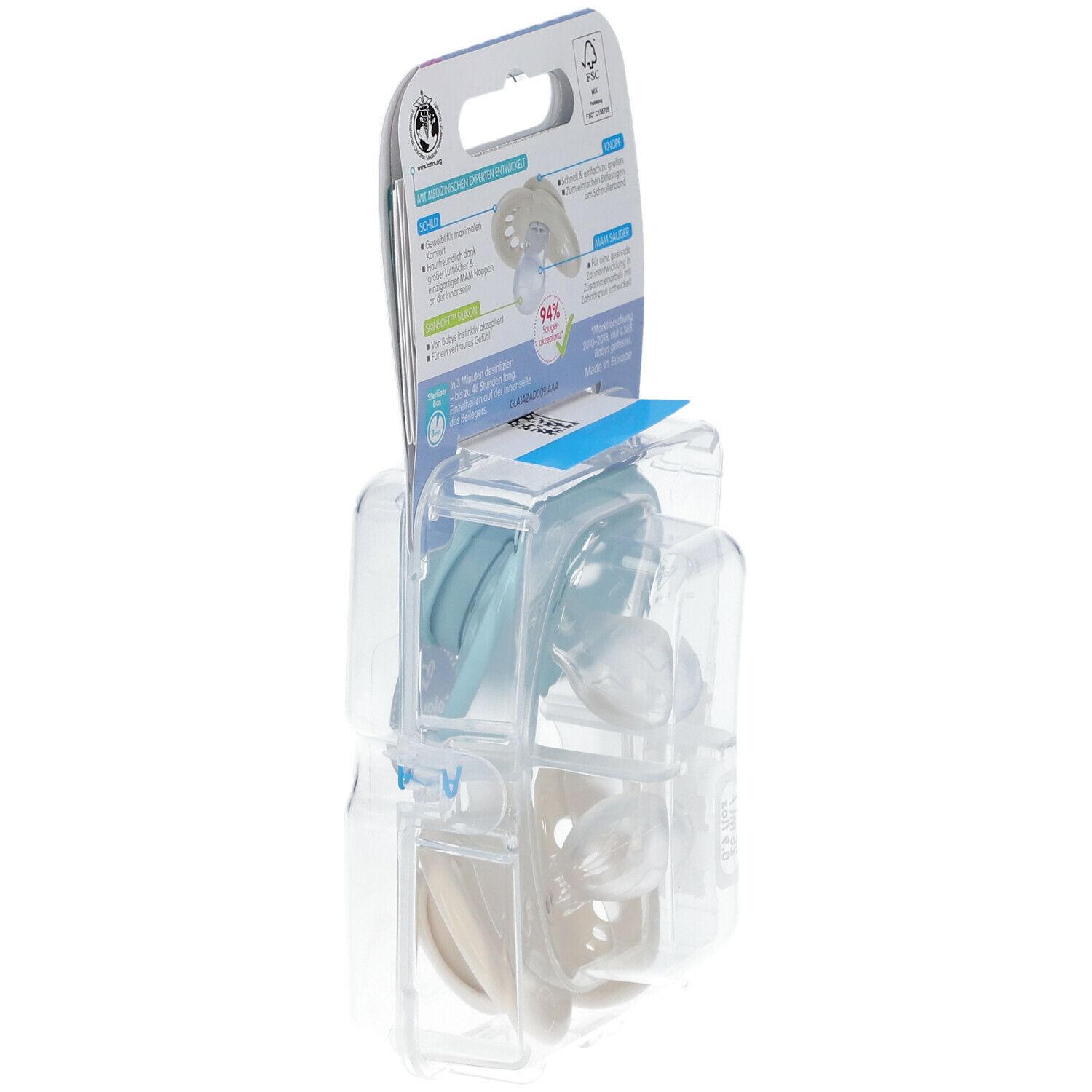 Verpakte fopspenen, achteraanzicht. Merk MAM, 6-16 maanden. Blauwe fopspeen en witte fopspeen in plastic verpakking.
