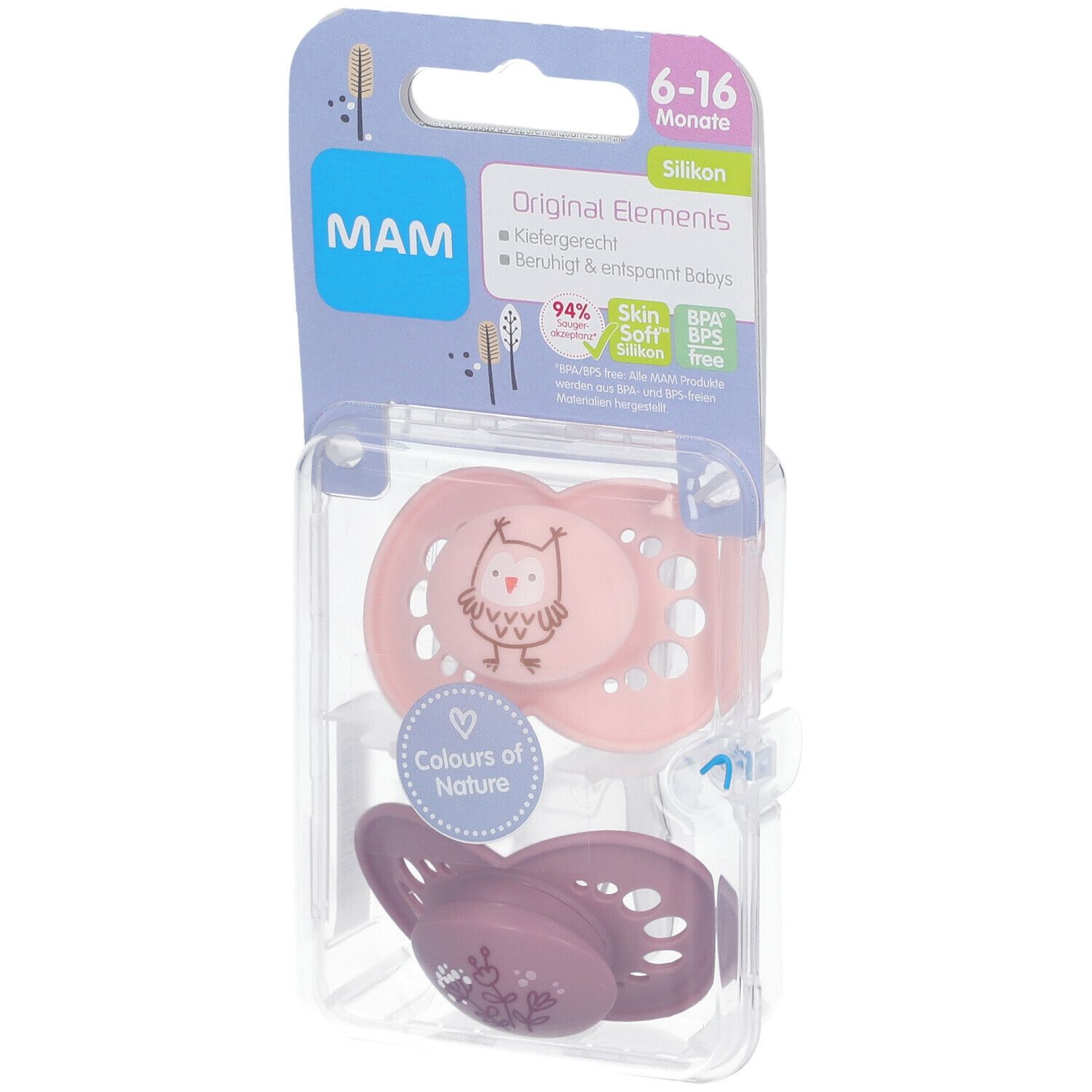 Verpakking met twee fopspenen. Roze speen met uil, paarse speen. Merk MAM, Original Elements, 6-16 maanden.