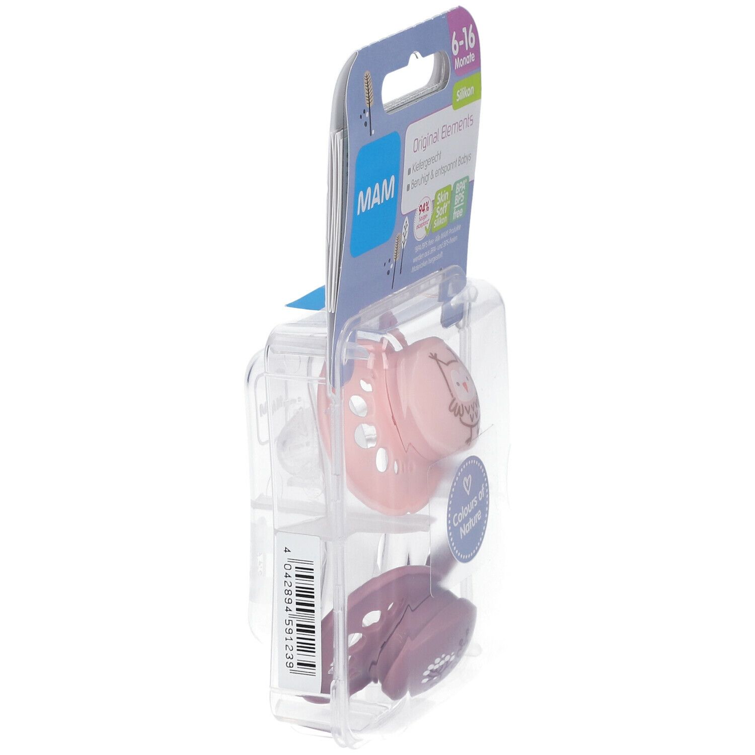 Zijaanzicht van de verpakking met twee fopspenen. Roze speen met uil, paarse speen. Merk MAM, Original Elements, 6-16 maanden.