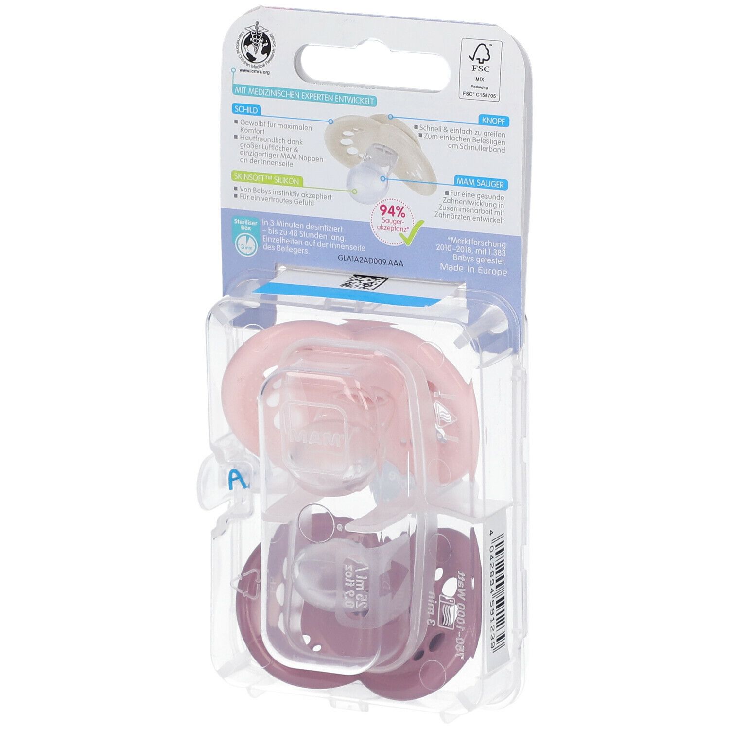 Verpakking met twee fopspenen. Roze speen, paarse speen. Merk MAM, Original Elements, 6-16 maanden. FSC-certificering.