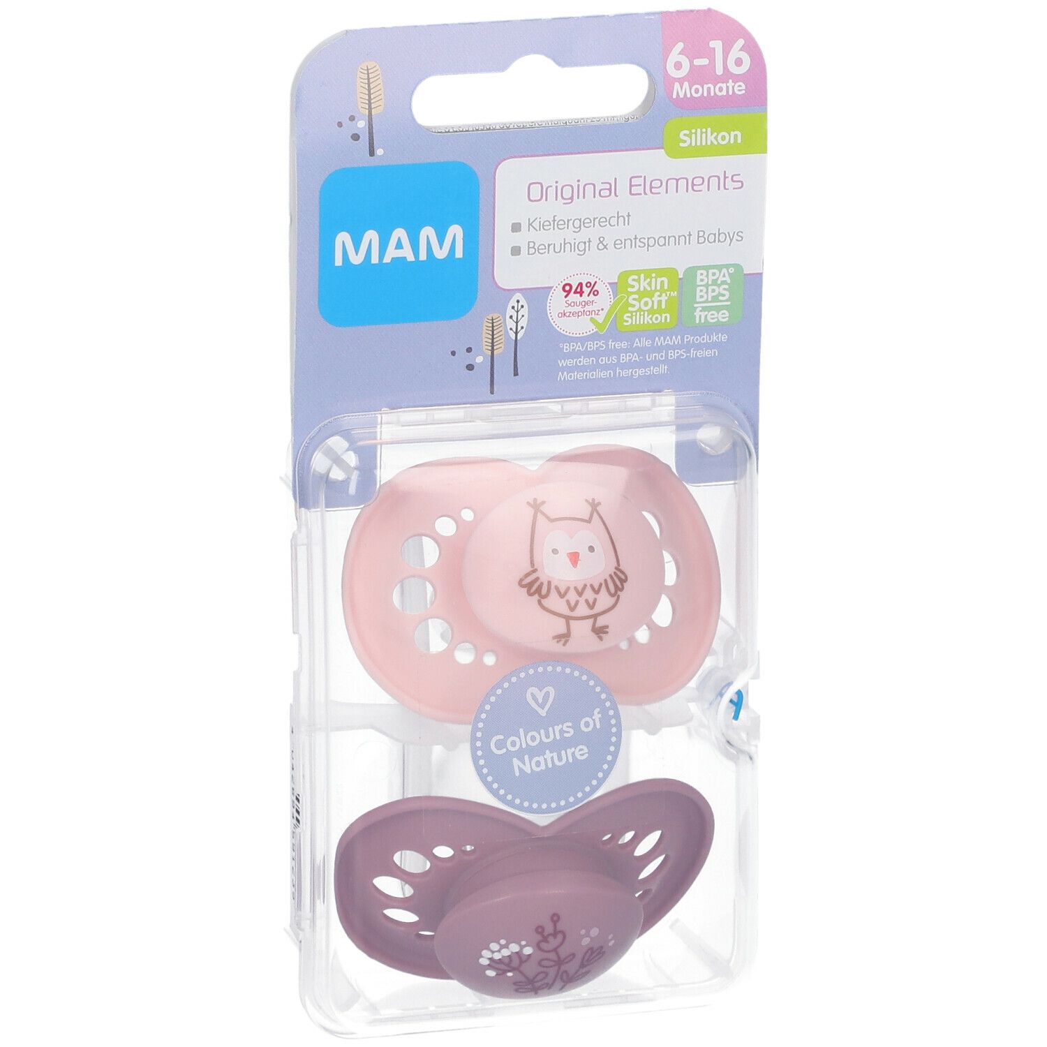 Verpakking met twee fopspenen. Roze speen met uil, paarse speen. Merk MAM, Original Elements, 6-16 maanden.