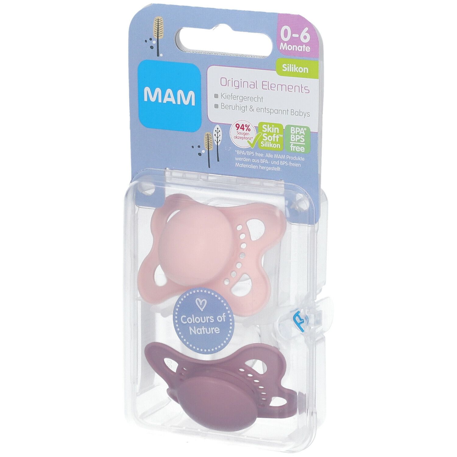 Twee fopspenen in verpakking. Roze en paarse siliconen fopspenen. Verpakking met productinformatie en MAM-logo.