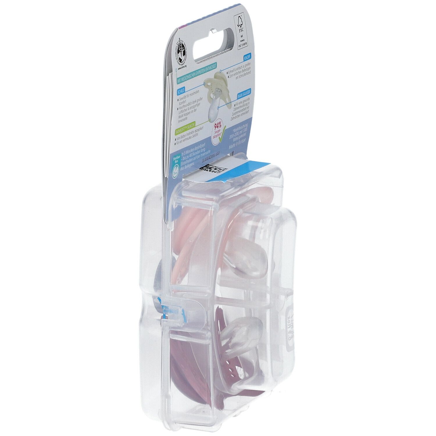 Zijaanzicht van de verpakking met twee fopspenen. Roze en paarse fopspenen in transparante plastic verpakking.