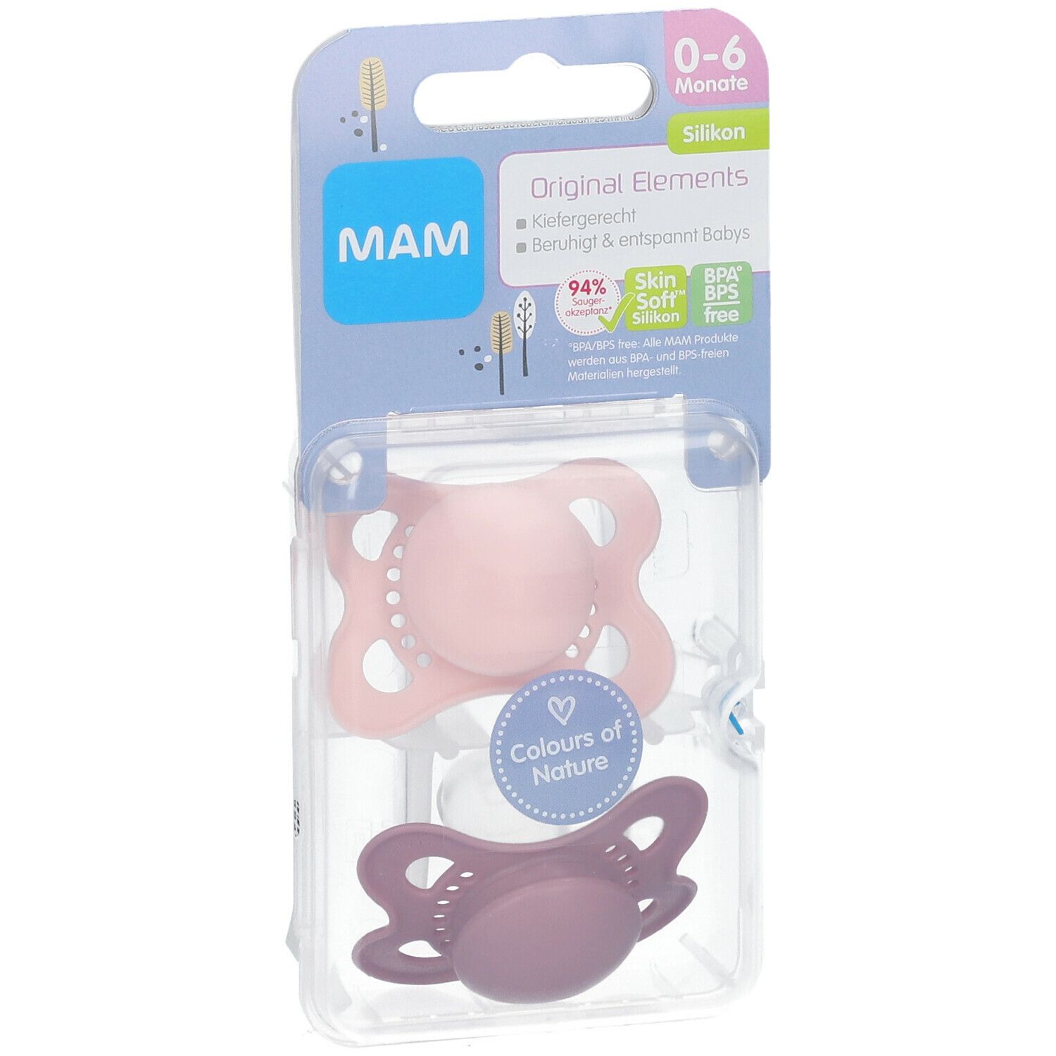 Twee fopspenen in verpakking. Roze en paarse siliconen fopspenen. Verpakking met productinformatie en MAM-logo.