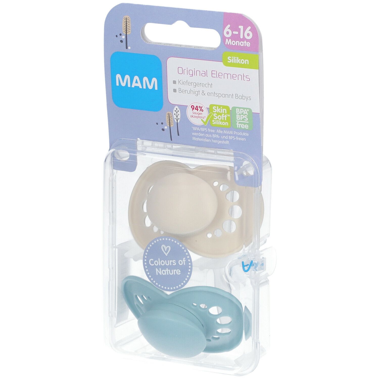 MAM Original Silikon Schnuller, 6-16 Monate, in Verpackung. Beige und blauer Schnuller. BPA-frei.