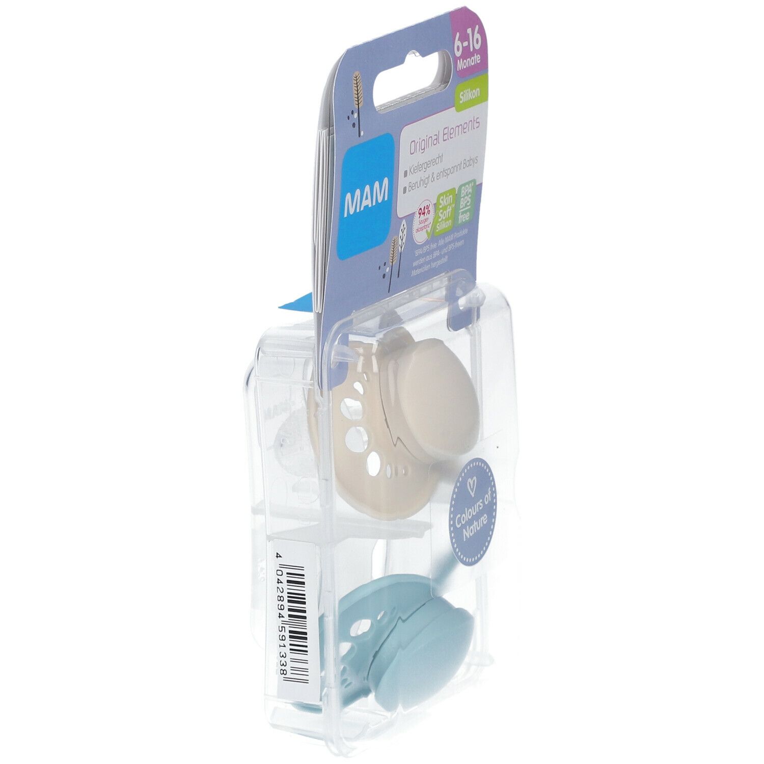 MAM Original Silikon Schnuller in Verpackung. Beige und blauer Schnuller. Verpackung mit Produktinformationen.