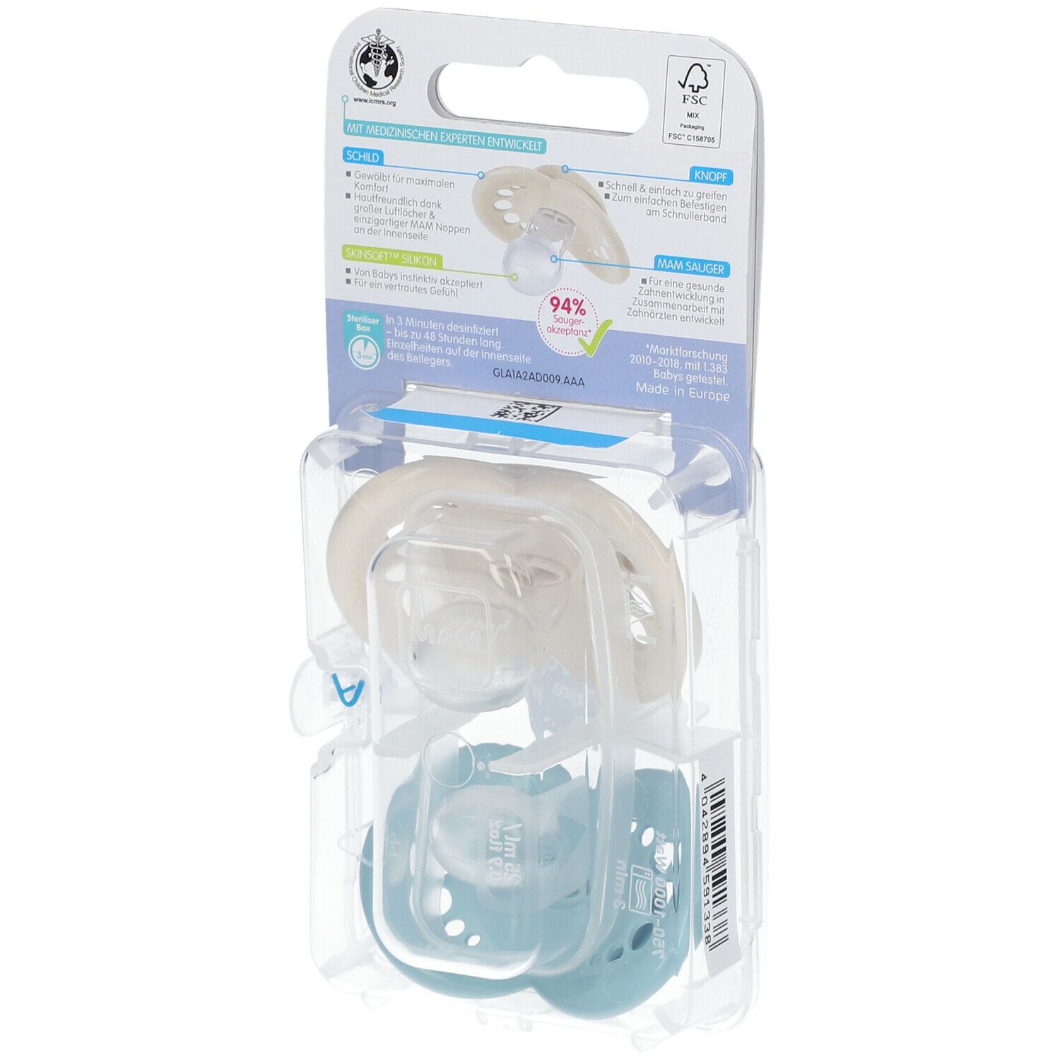 MAM Original Silikon Schnuller in Verpackung. Rückseite der Verpackung mit Produktinformationen und Zertifizierungen.