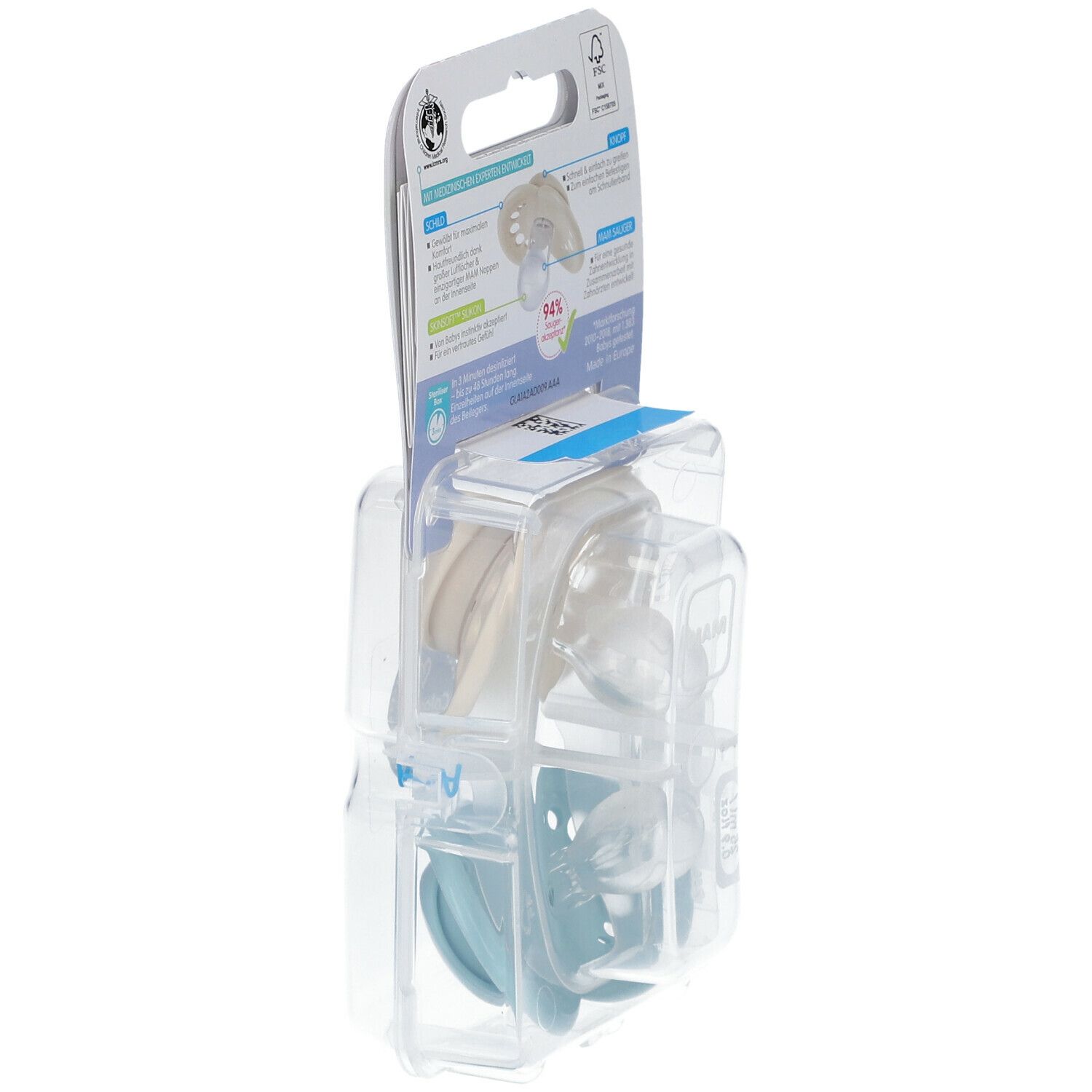 MAM Original Silikon Schnuller in Verpackung. Verpackung mit Produktinformationen und Zertifizierungen.