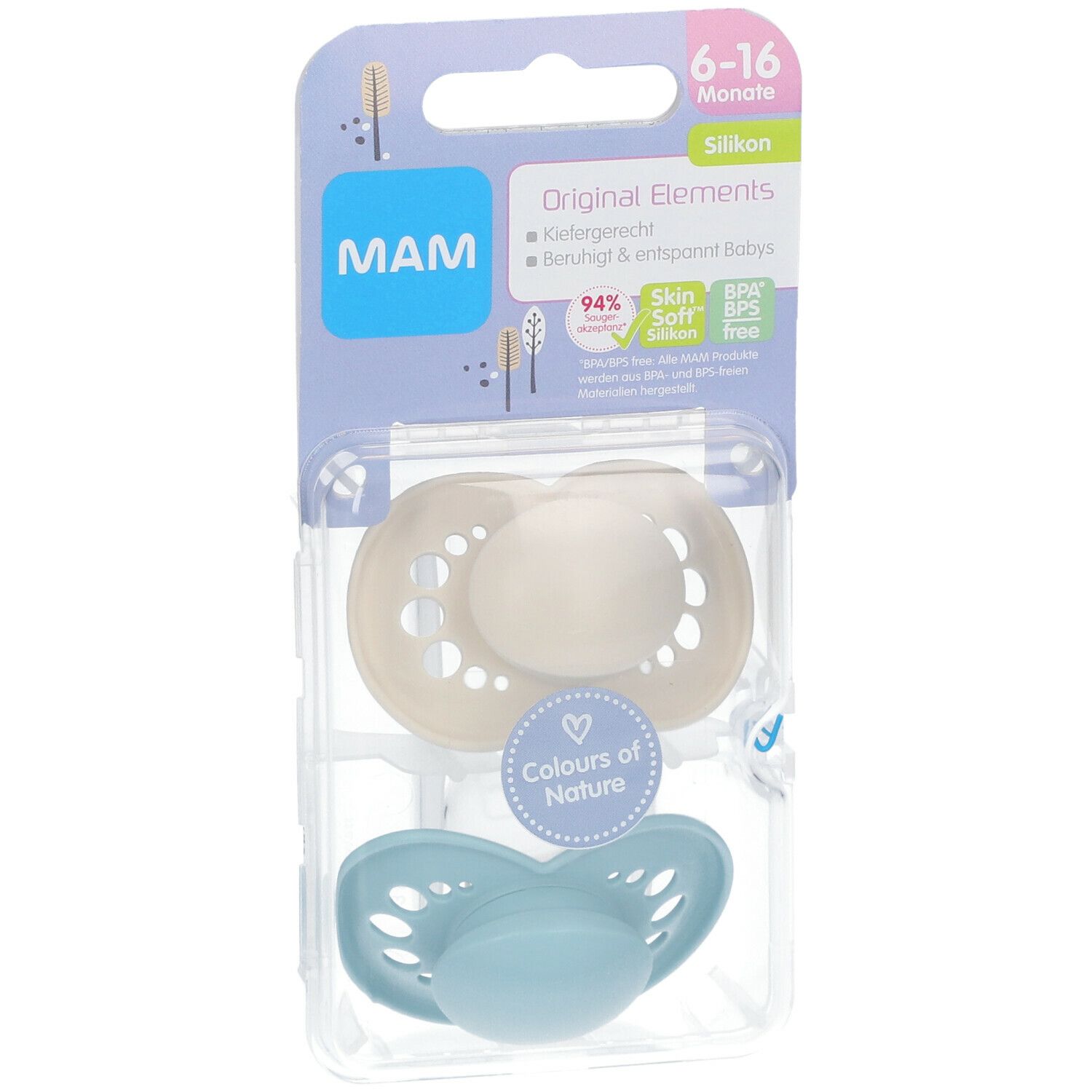 MAM Original Silikon Schnuller, 6-16 Monate, in Verpackung. Beige und blauer Schnuller. BPA-frei.