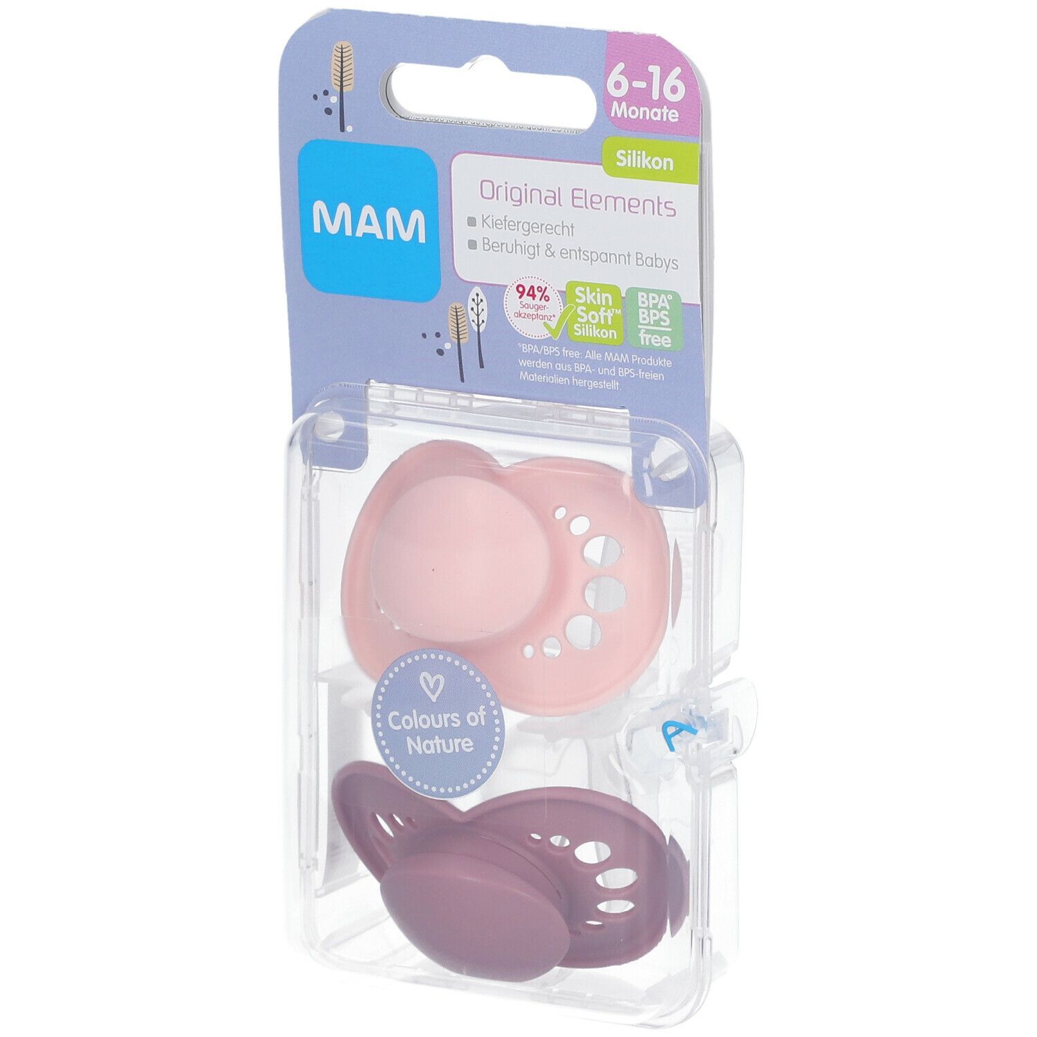 Twee fopspenen in verpakking. Roze en paars siliconen. Merk MAM, Original Elements, 6-16 maanden. BPA-vrij.
