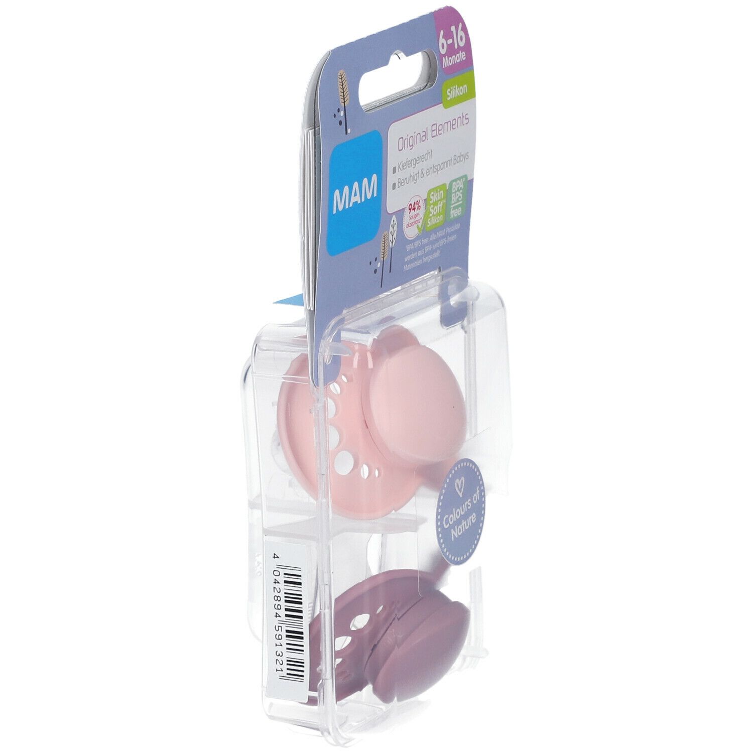 Verpakking met twee fopspenen. Roze en paars siliconen. Merk MAM, Original Elements, 6-16 maanden. BPA-vrij.