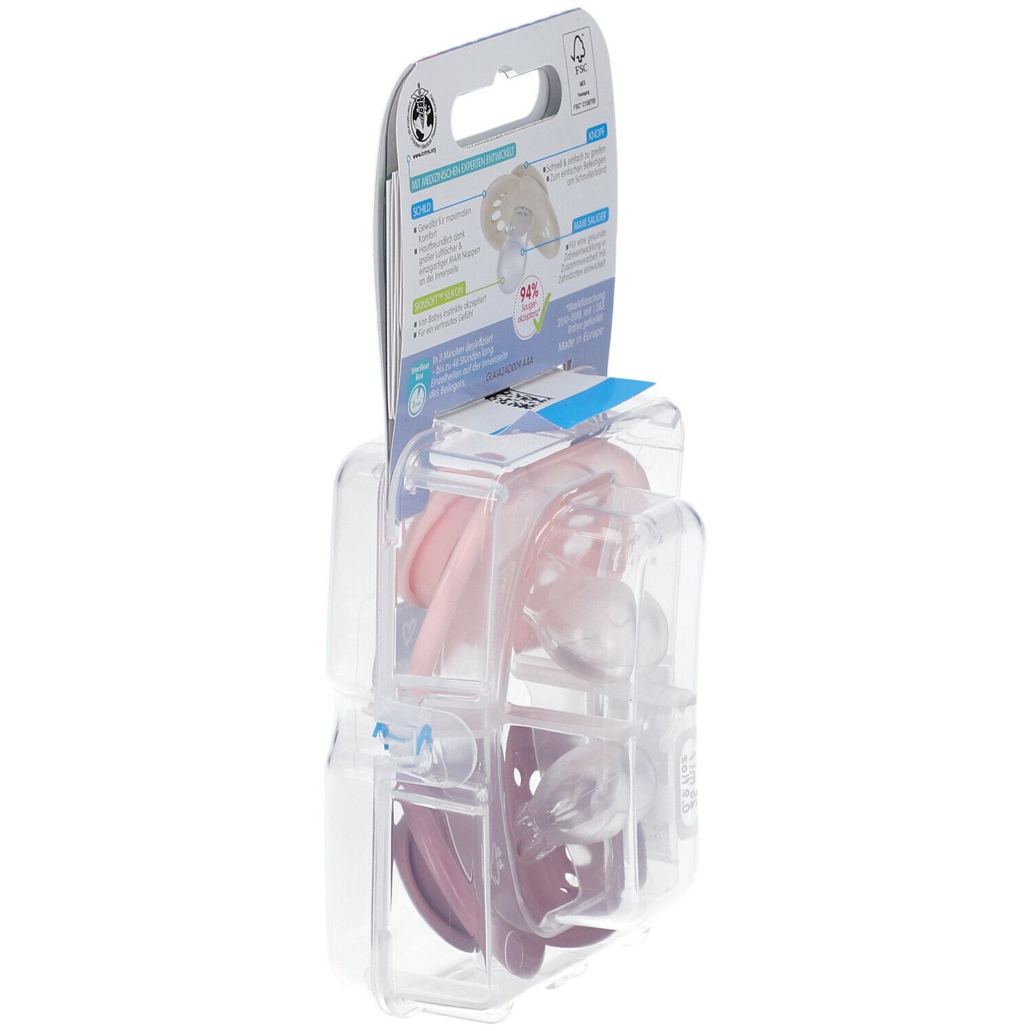 Verpakking met twee fopspenen. Roze en paars siliconen. Merk MAM, Original Elements, 6-16 maanden. BPA-vrij.