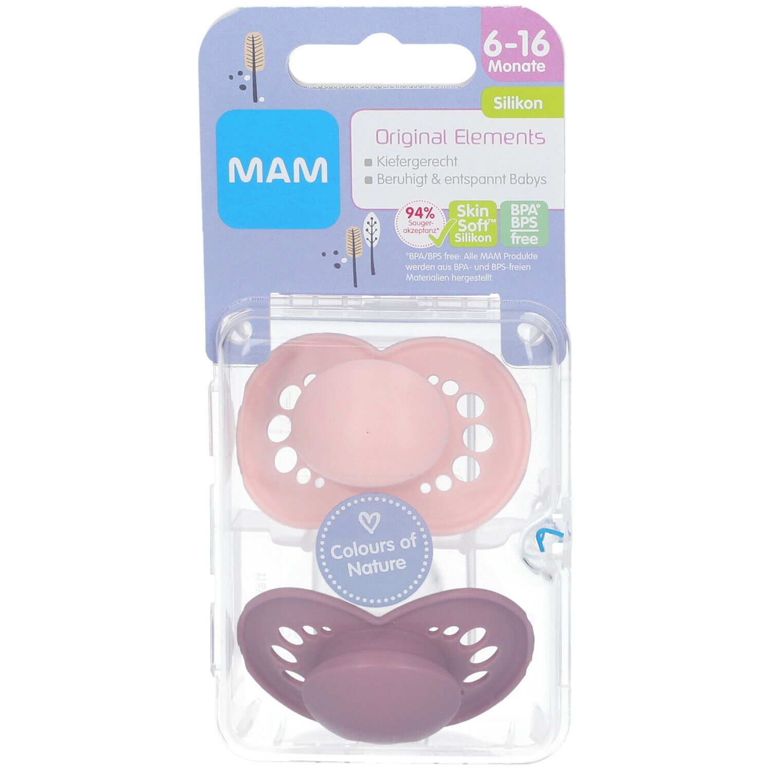 Twee fopspenen in verpakking. Roze en paars siliconen. Merk MAM, Original Elements, 6-16 maanden. BPA-vrij.