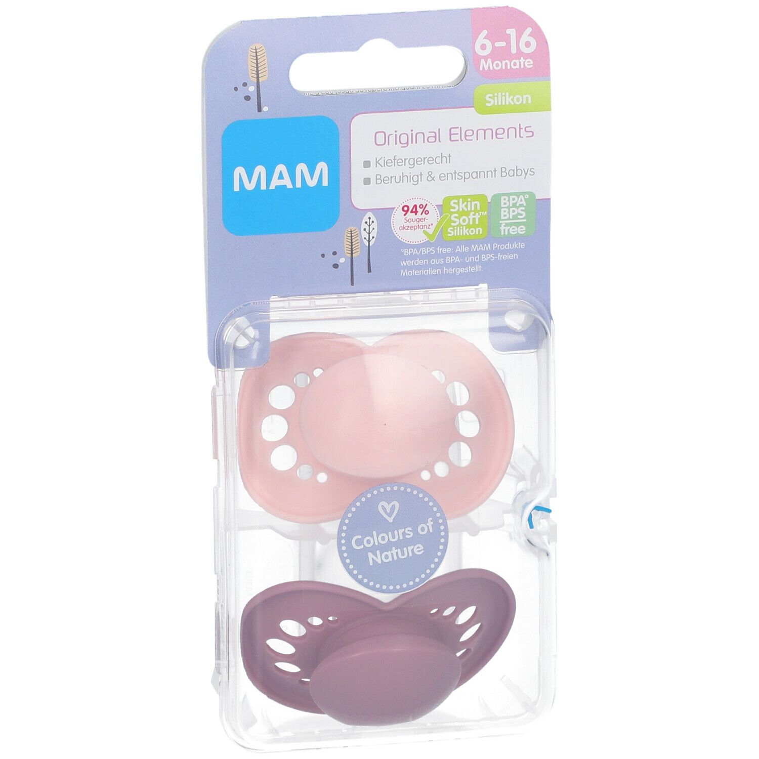 Twee fopspenen in verpakking. Roze en paars siliconen. Merk MAM, Original Elements, 6-16 maanden. BPA-vrij.