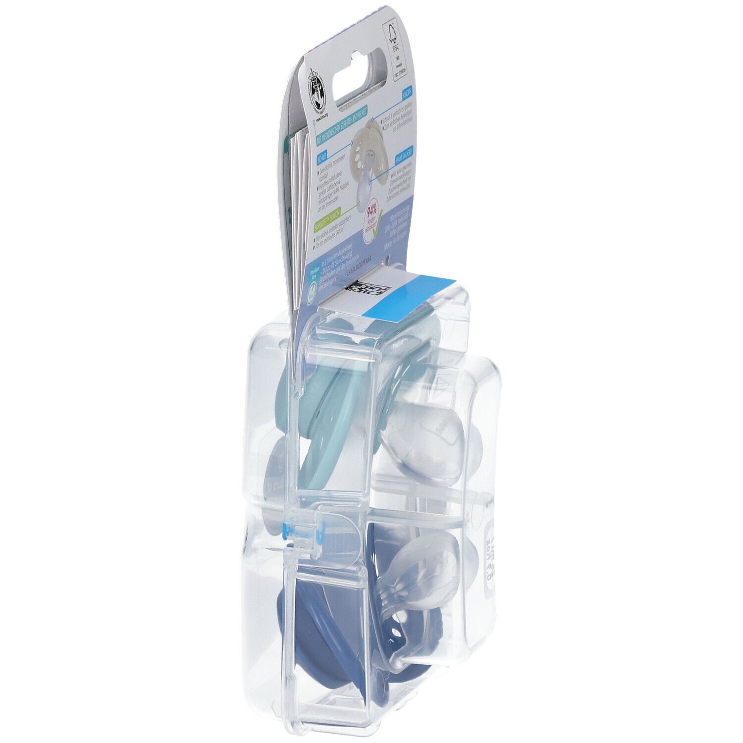 Zijaanzicht van de verpakking met twee fopspenen. Lichtblauwe en donkerblauwe siliconen fopspeen. MAM-logo en productnaam.