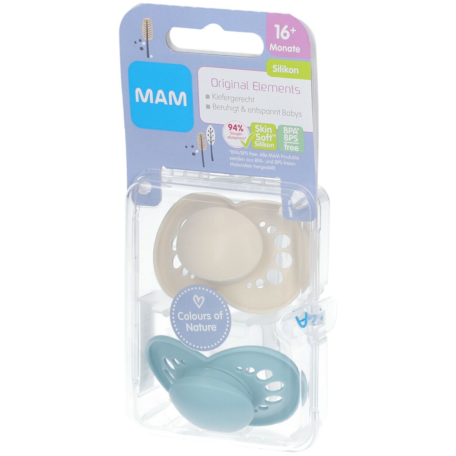 Twee MAM-fopspenen in verpakking. 16+ maanden. Siliconen, kalmerend. Kleuren: beige en blauw. Productinformatie op de verpakking.