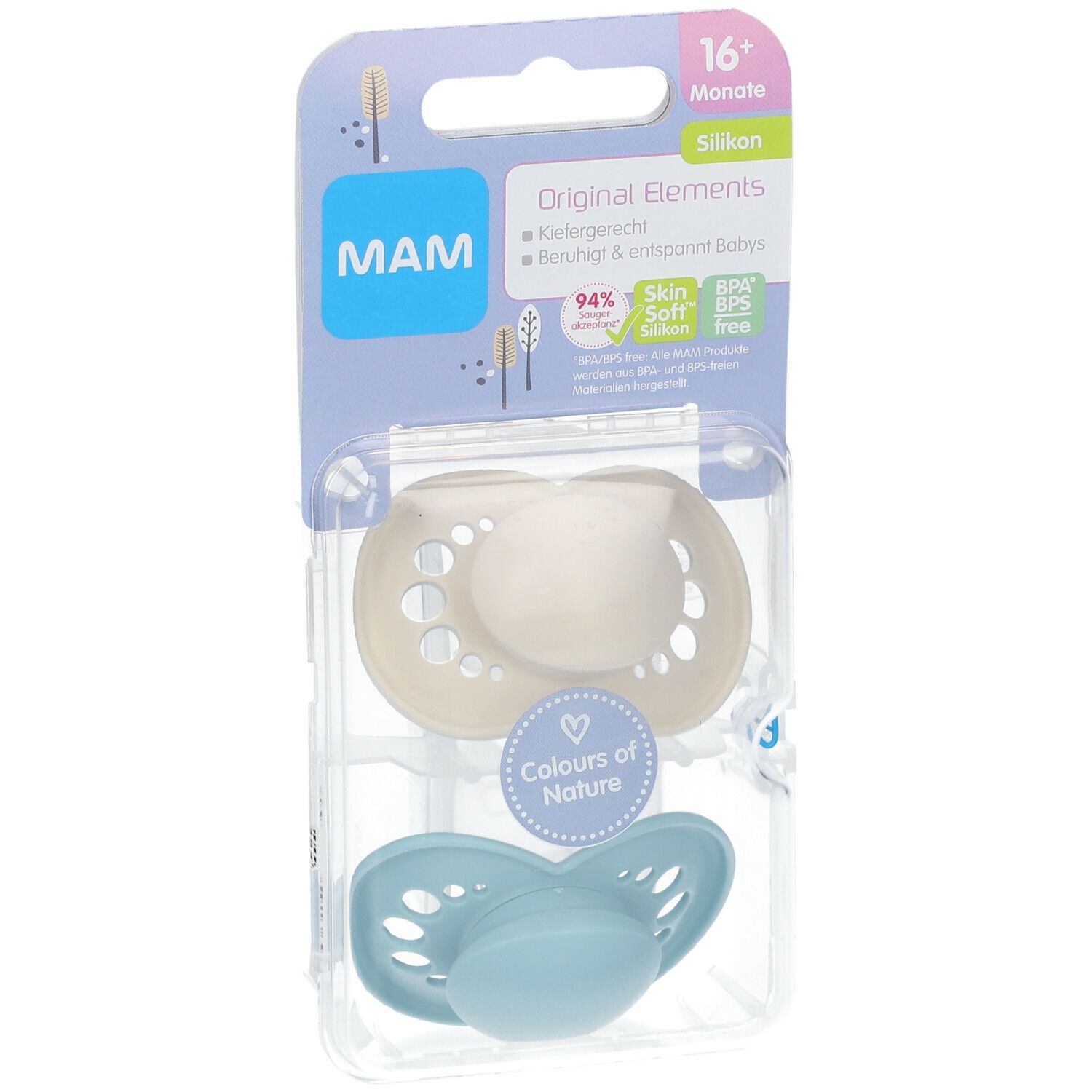 Twee MAM-fopspenen in verpakking. 16+ maanden. Siliconen, kalmerend. Kleuren: beige en blauw. Productinformatie op de verpakking.