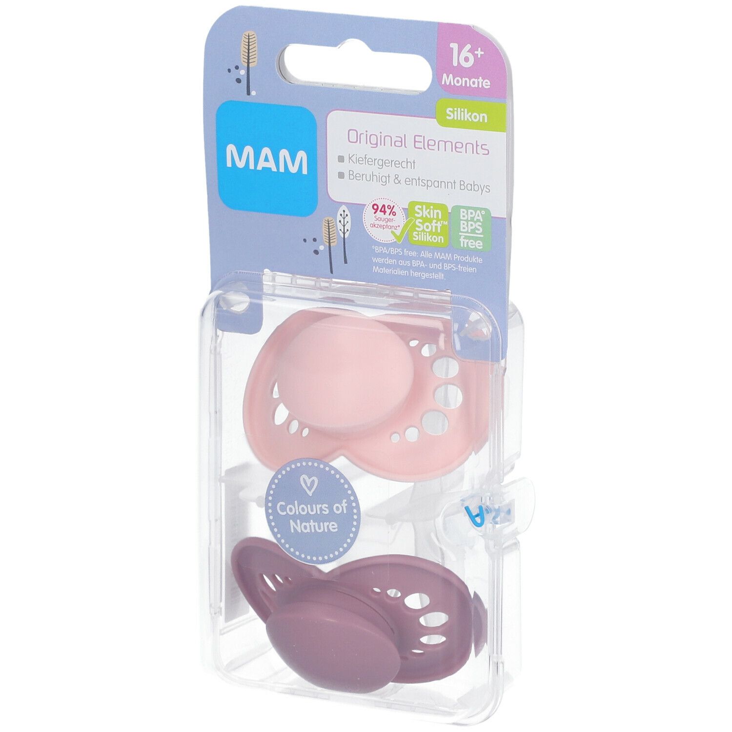 Twee fopspenen in verpakking. Roze en paarse siliconen spenen. Verpakking met logo, aanbevolen leeftijd 16+ maanden.