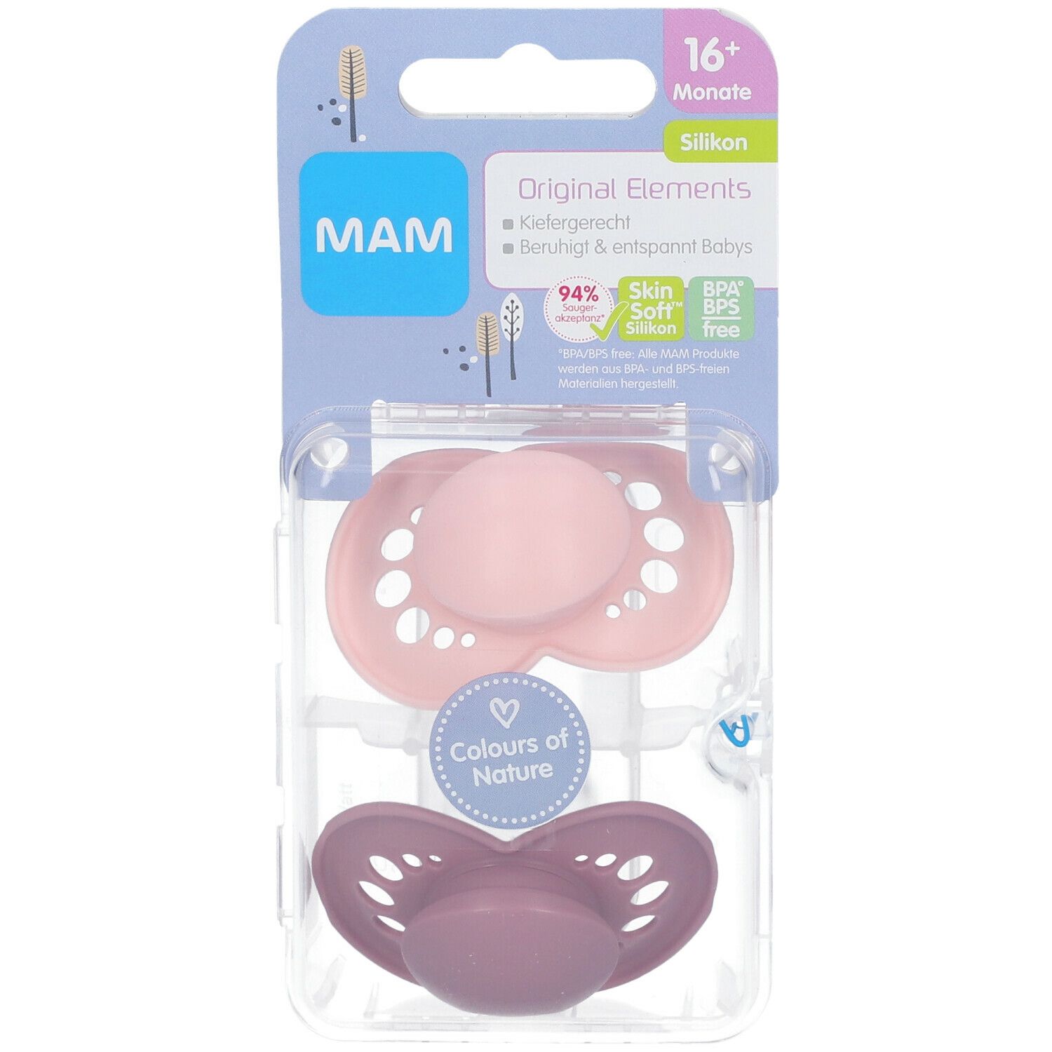 Twee fopspenen in verpakking. Roze en paarse siliconen spenen. Verpakking met logo, aanbevolen leeftijd 16+ maanden.