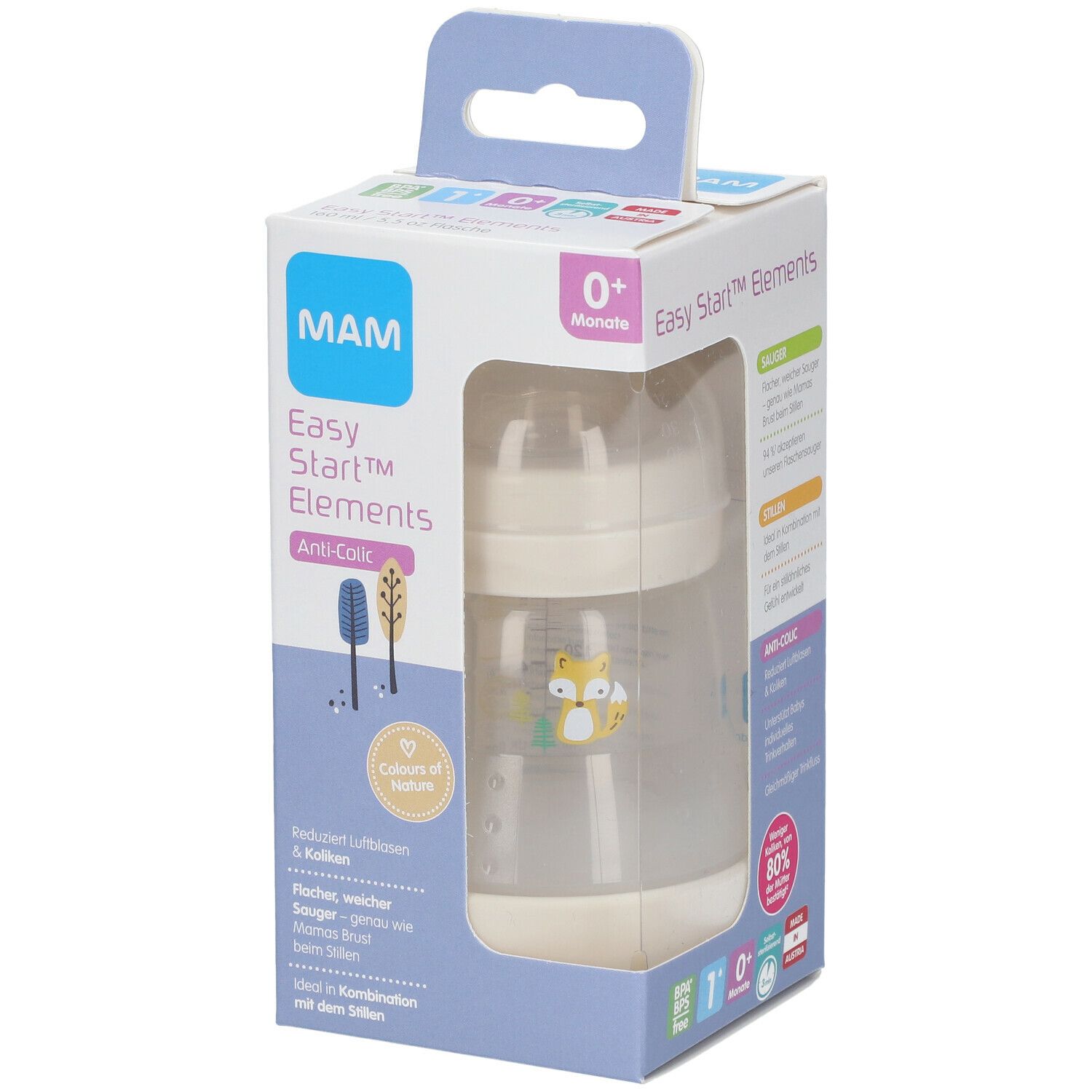 MAM Easy Start™ Elements Anti-Colic fles in verpakking. Zichtbaar: fles, deksel, speen, illustraties.