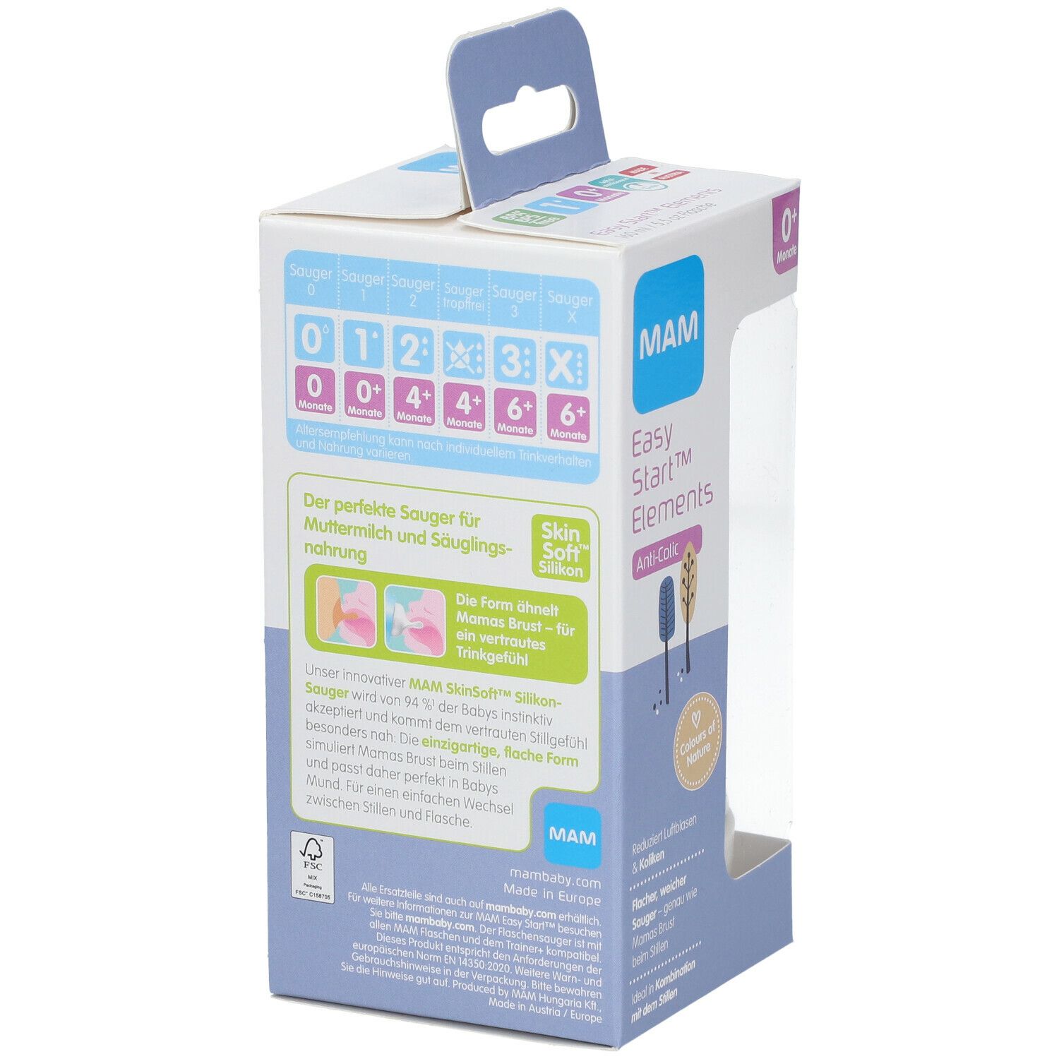 Achterkant van de verpakking van de MAM Easy Start™ Elements fles. Informatie over spenen en flessen.