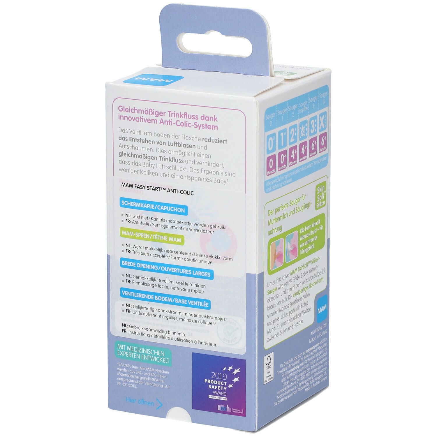 Achterkant van de verpakking van de MAM Easy Start™ Elements fles. Informatie over het anti-koliek systeem.