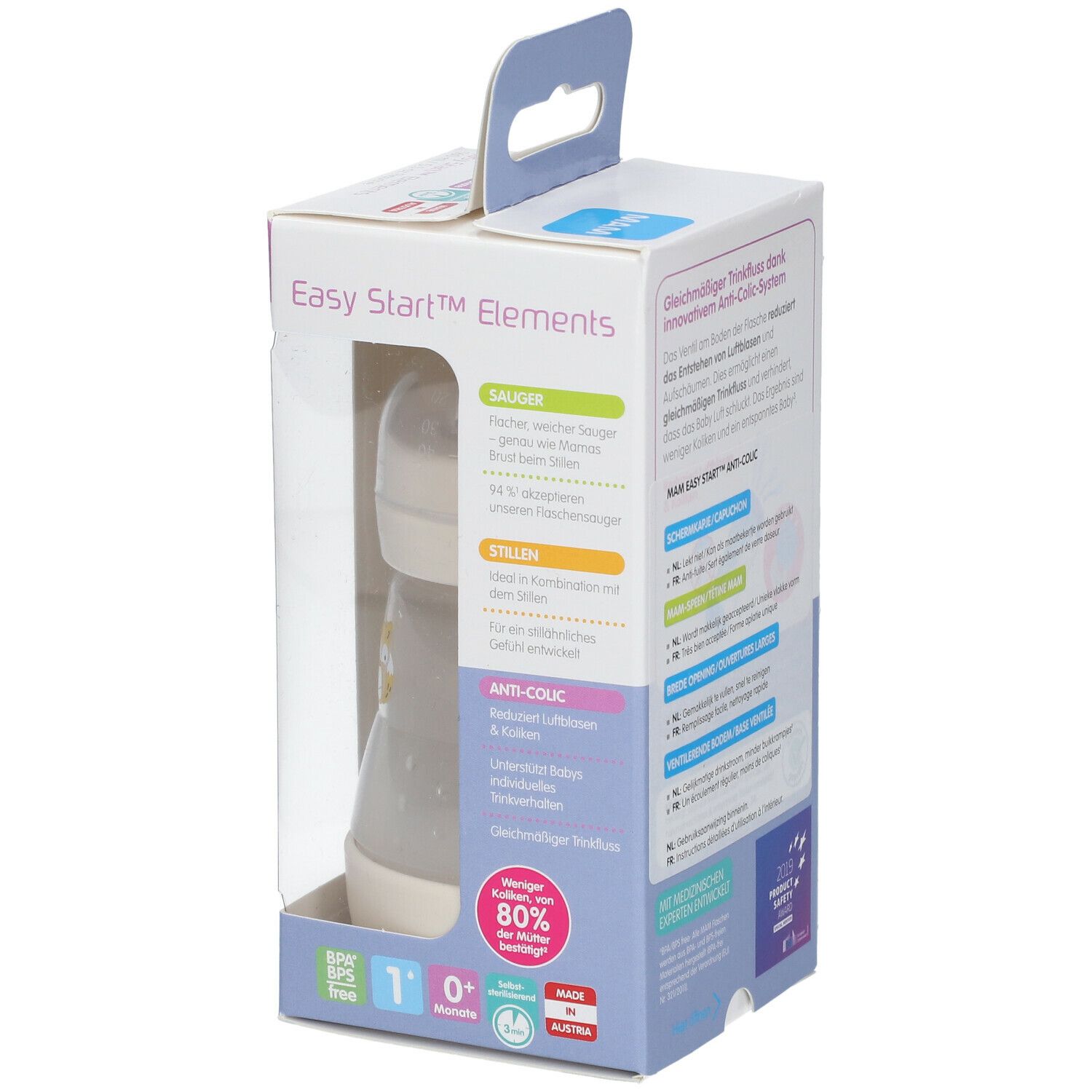 MAM Easy Start™ Elements Anti-Colic fles in verpakking. Zichtbaar: fles, deksel, speen, tekst.