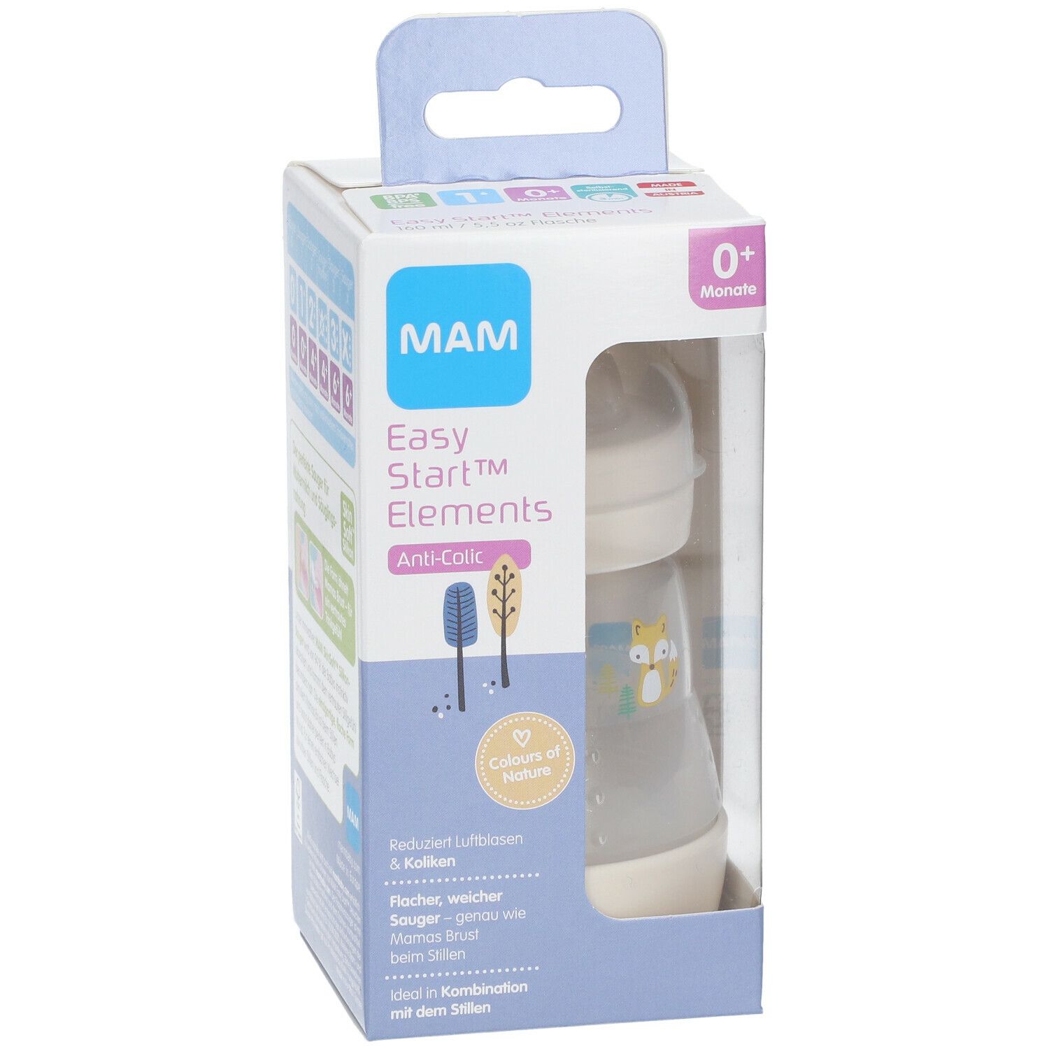 MAM Easy Start™ Elements Anti-Colic fles in verpakking. Zichtbaar: fles, deksel, speen, illustraties.