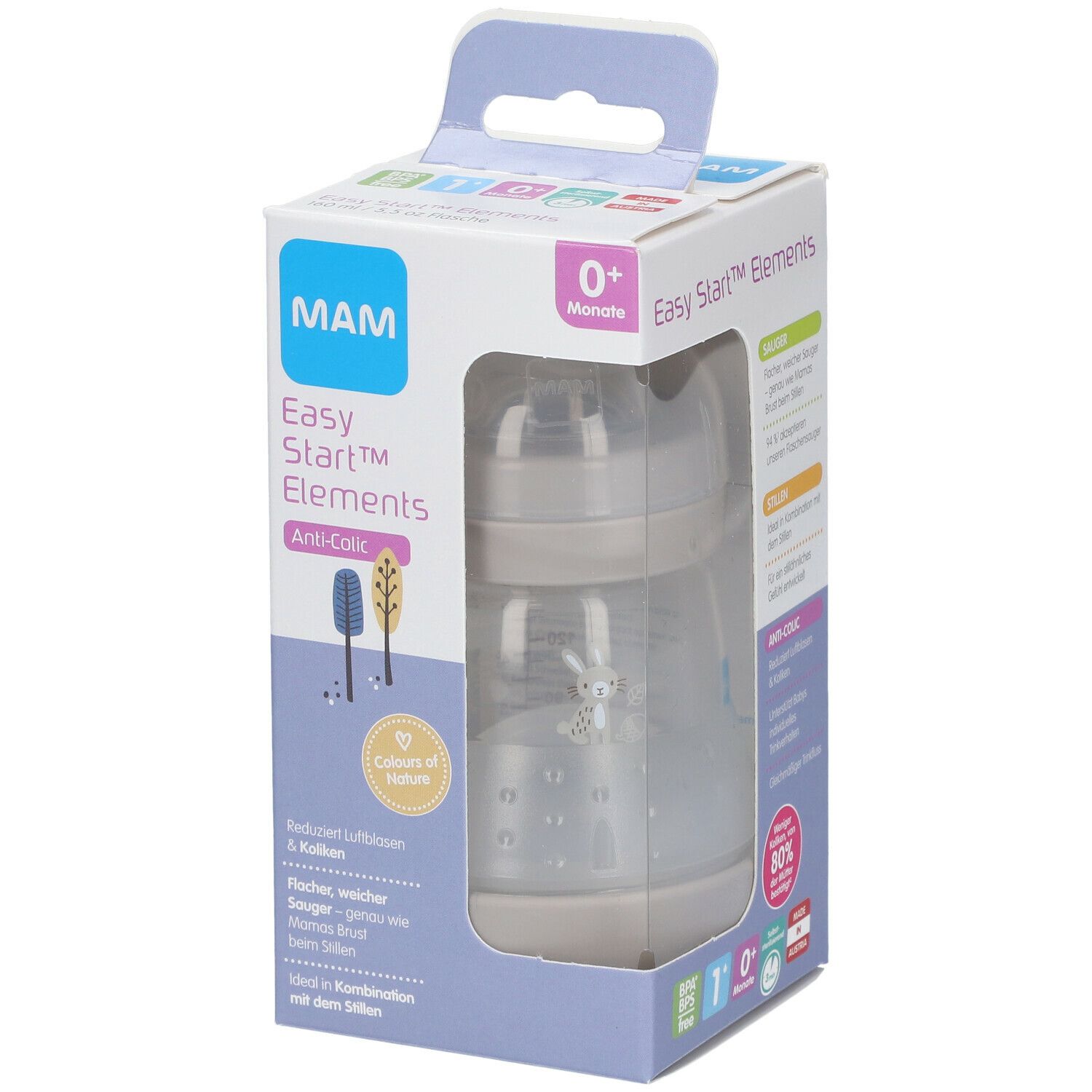 Verpakking van MAM Easy Start™ Anti-Colic fles. Zichtbaar: fles, speen, doos met productnaam en aanbevolen leeftijd.