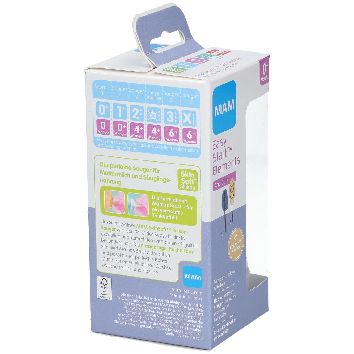 Achterkant van de MAM Easy Start™ Anti-Colic flesverpakking. Informatie over spenen en aanbevolen leeftijden.