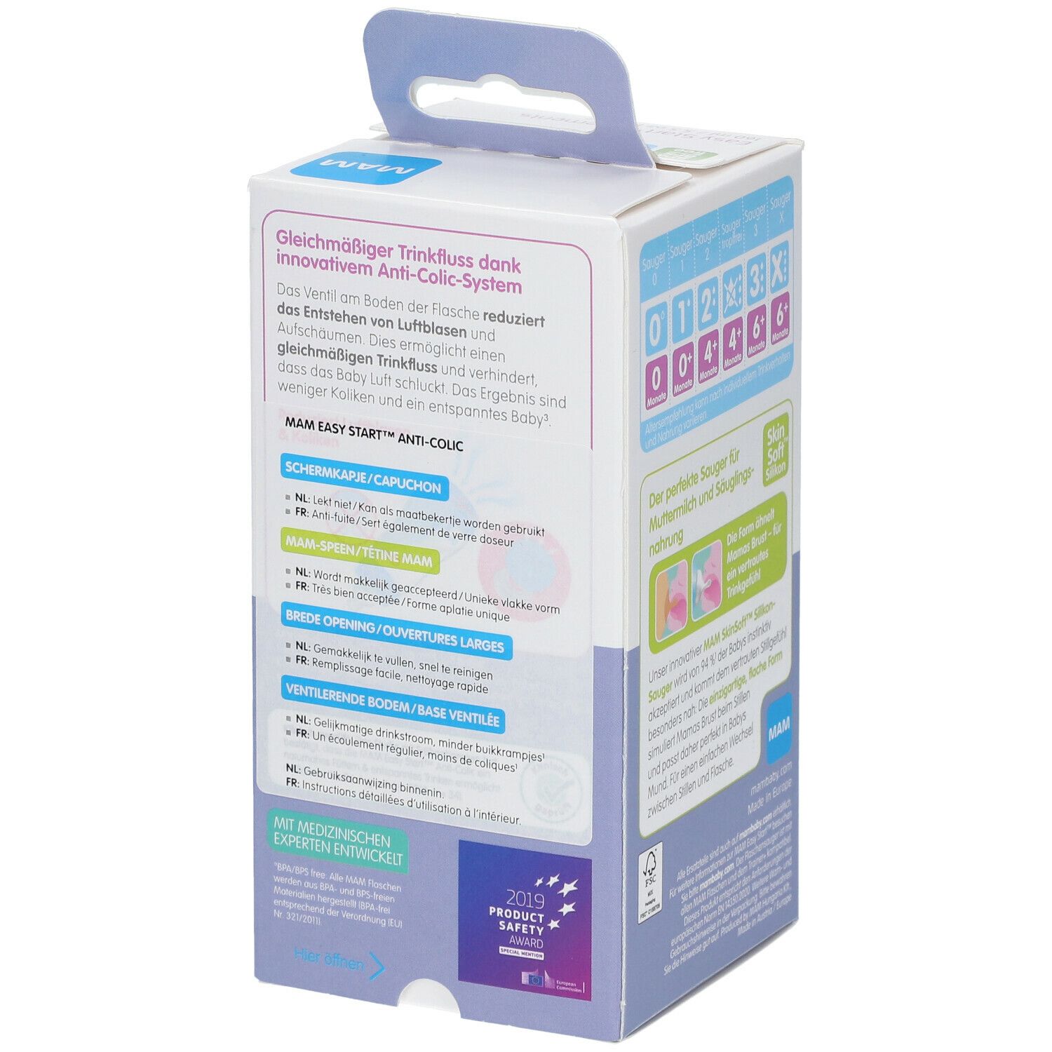 Achterkant van de MAM Easy Start™ Anti-Colic flesverpakking. Informatie over het anti-koliek systeem en leeftijden.