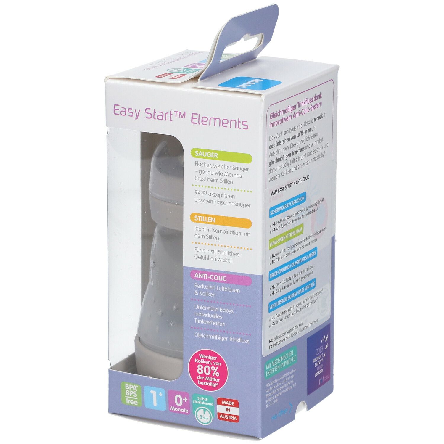 MAM Easy Start™ Anti-Colic fles in verpakking. Zichtbaar: fles, speen, doos met productinfo en leeftijd.