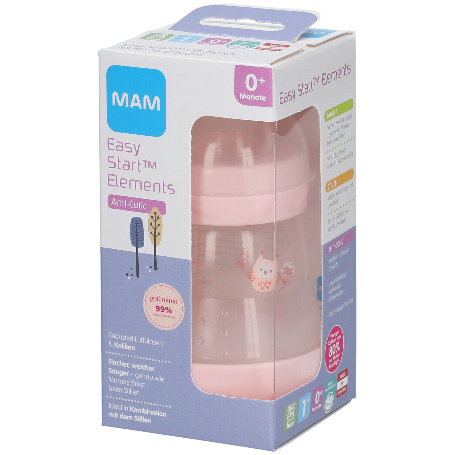 Roze babyfles in verpakking. Anti-koliek functie. MAM-logo en productnaam zichtbaar op de verpakking.