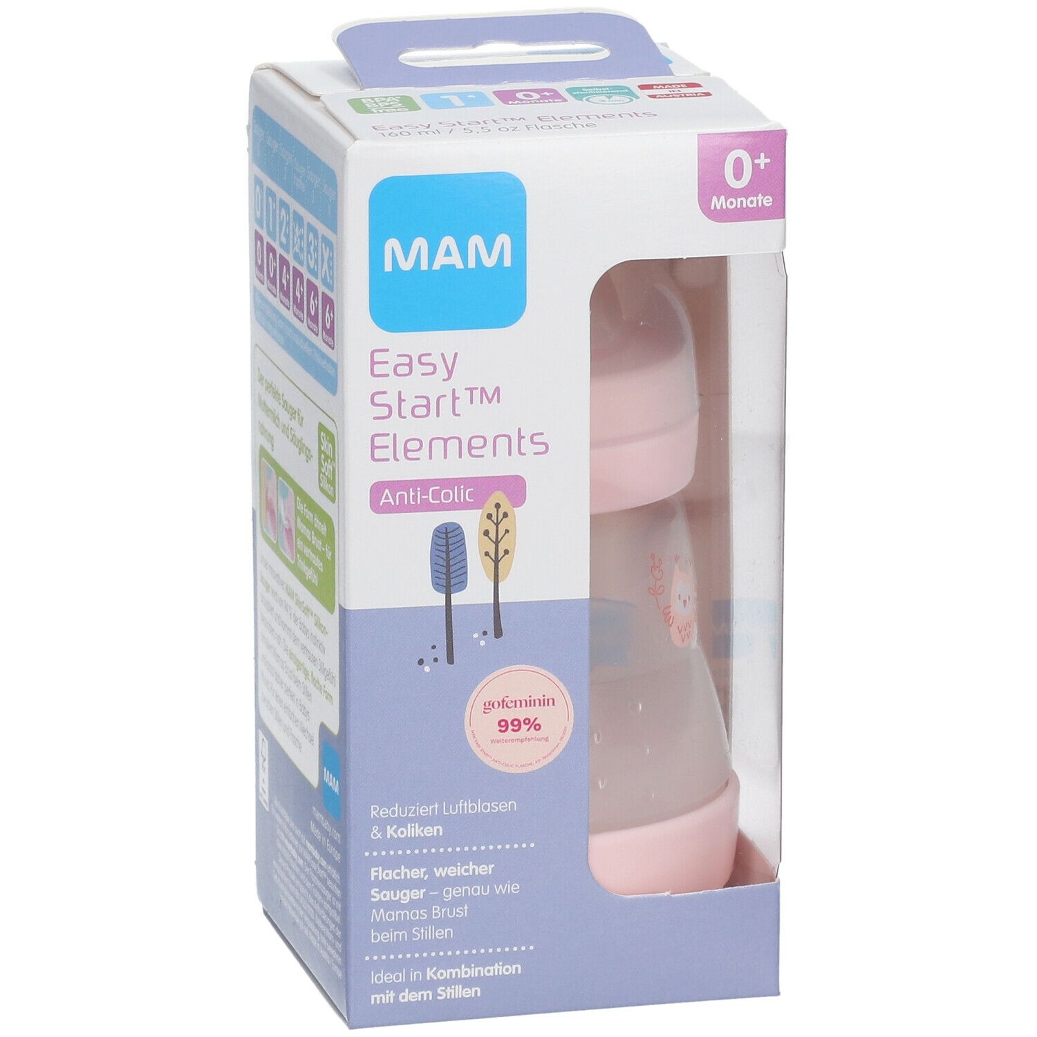 Babyfles in verpakking. Roze fles met anti-koliekfunctie. MAM-logo en productnaam op de verpakking.
