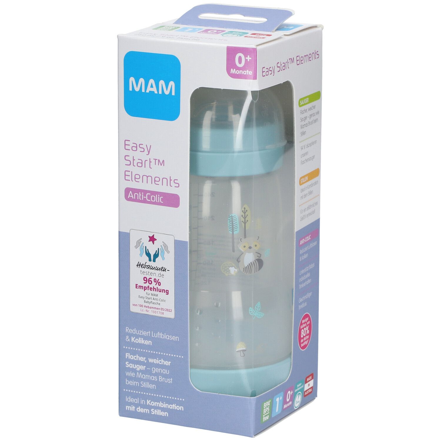 Babyfles in verpakking. Lichtblauw, met schaalverdeling en motief. MAM logo en productnaam.