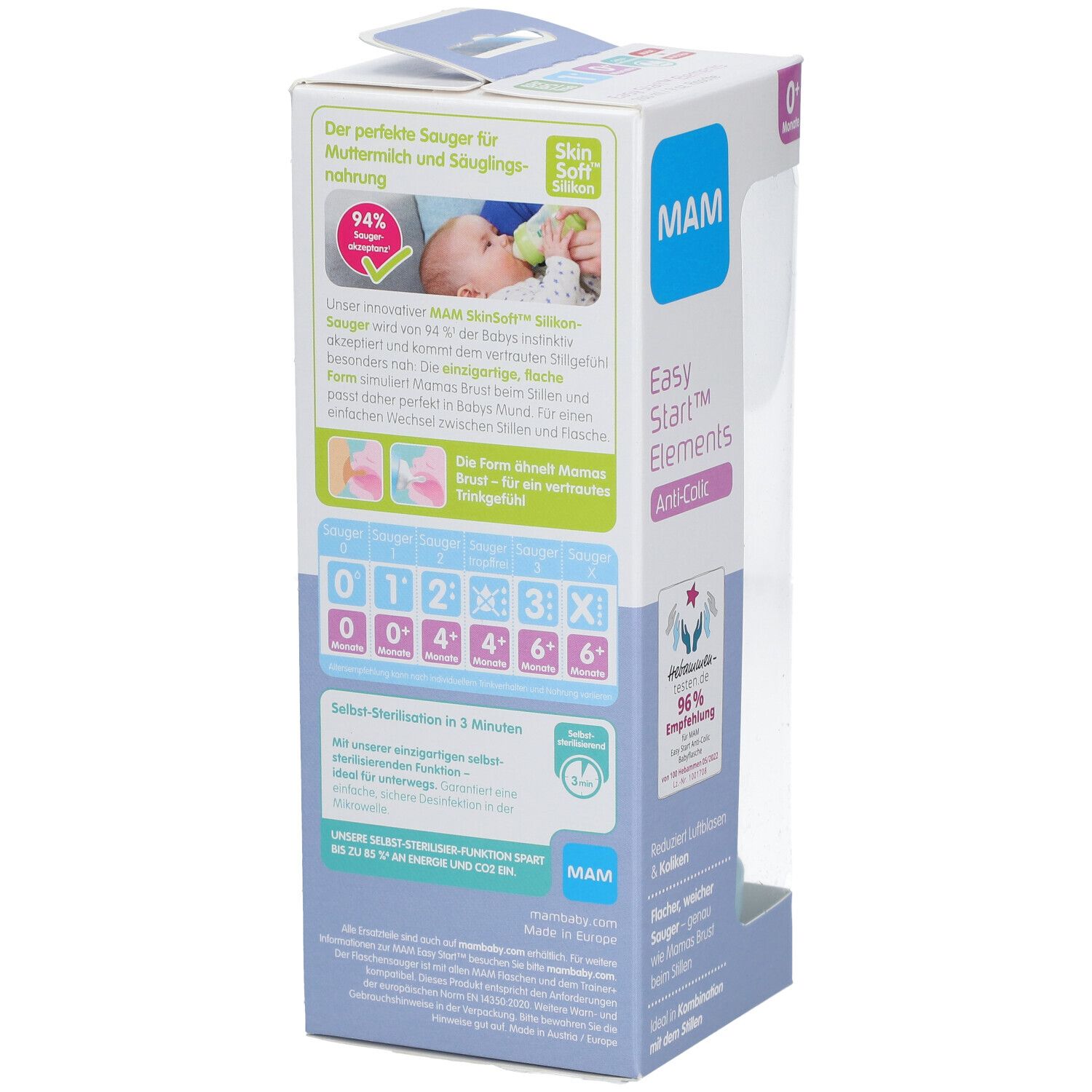 Verpakking van de babyfles. Toont productkenmerken en MAM logo. Tekst in het Duits.