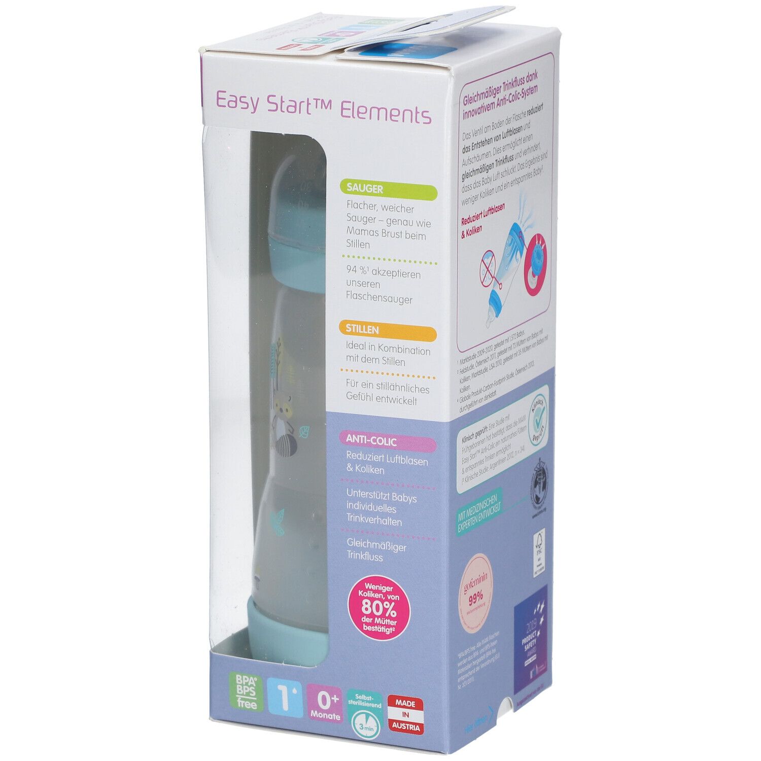 Verpakking met babyfles. Toont productkenmerken en MAM logo. Tekst in het Duits.