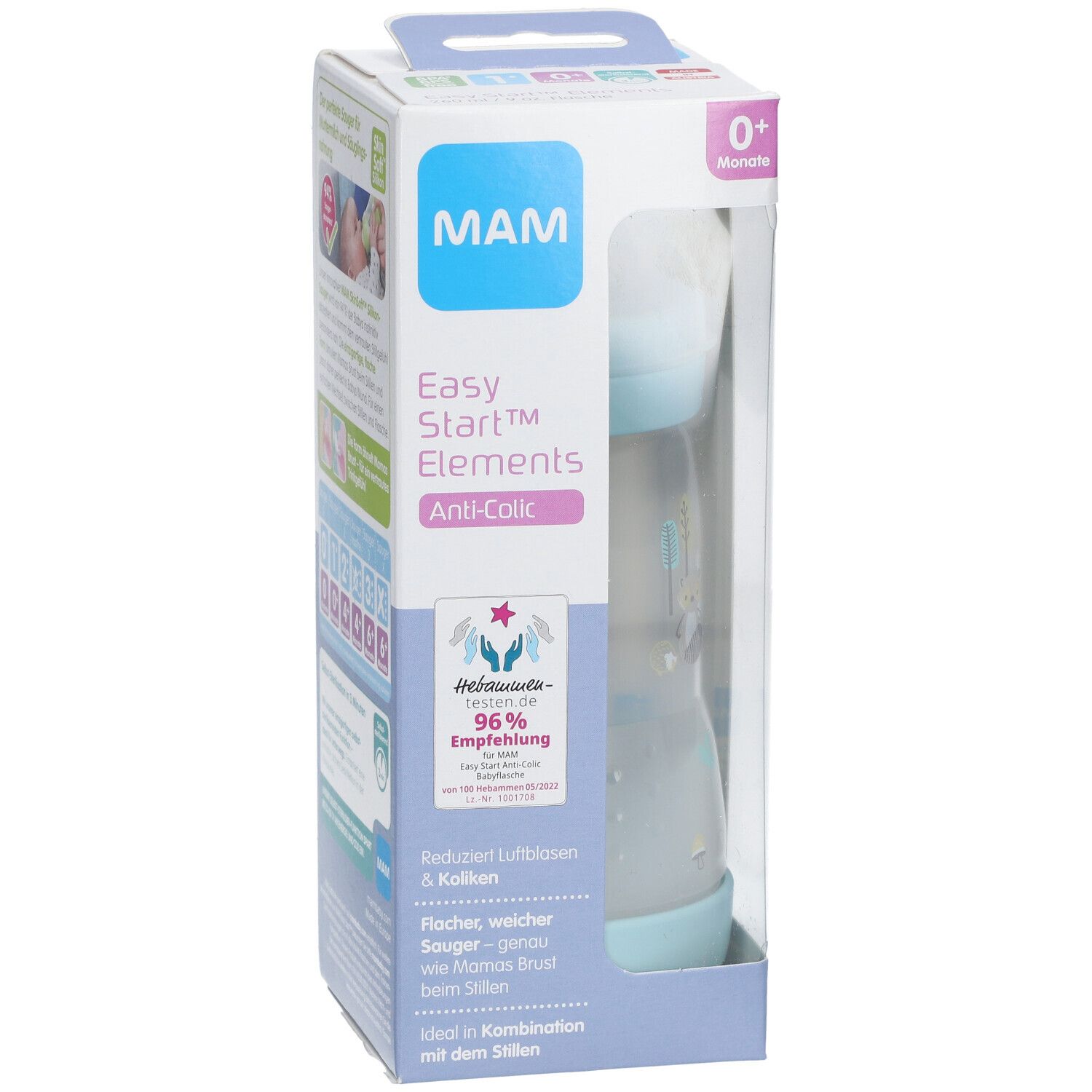 Babyfles in verpakking. Lichtblauw, met schaalverdeling en motief. MAM logo en productnaam.