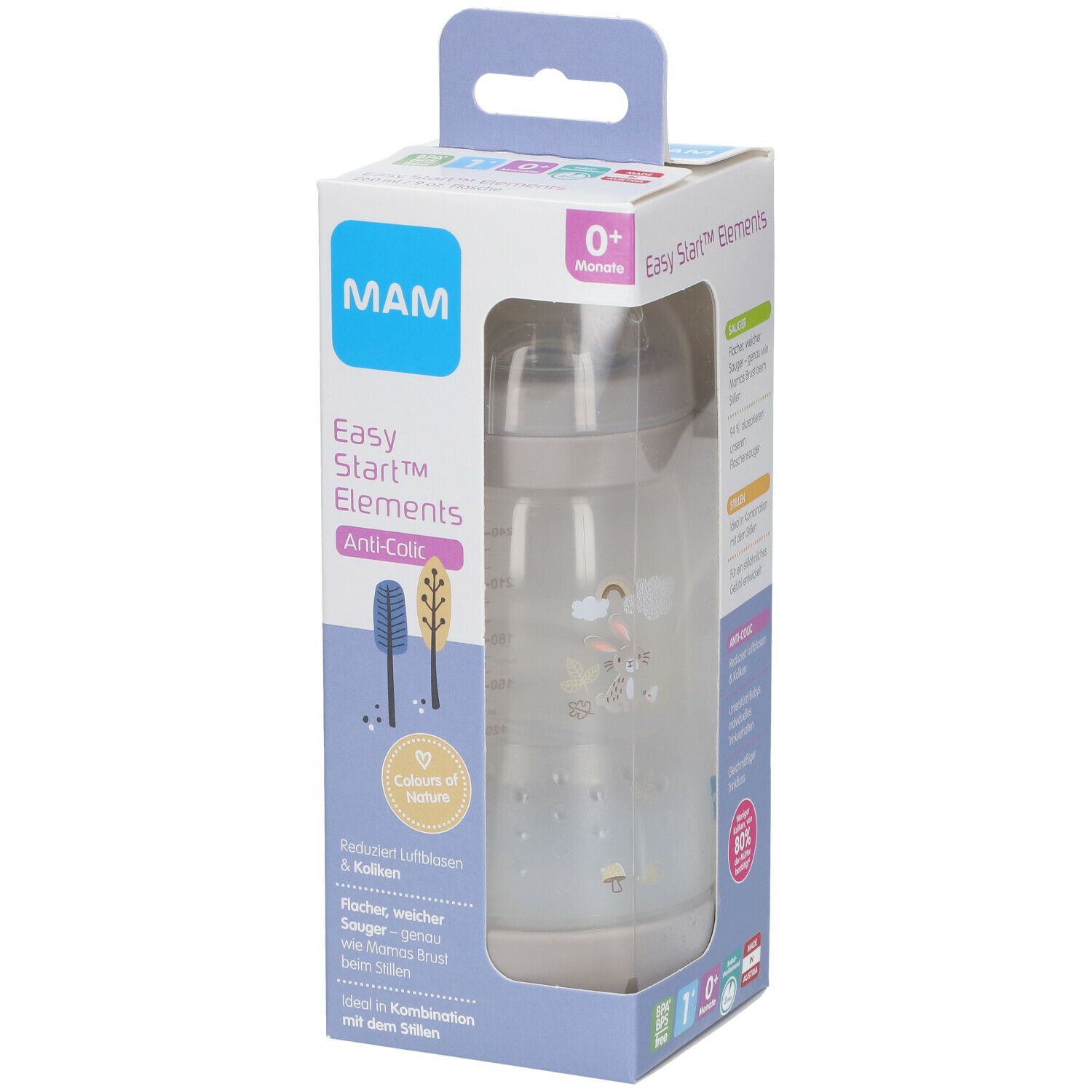 Babyfles in verpakking. Zichtbaar: MAM Easy Start Elements Anti-Colic, 0+ maanden.
