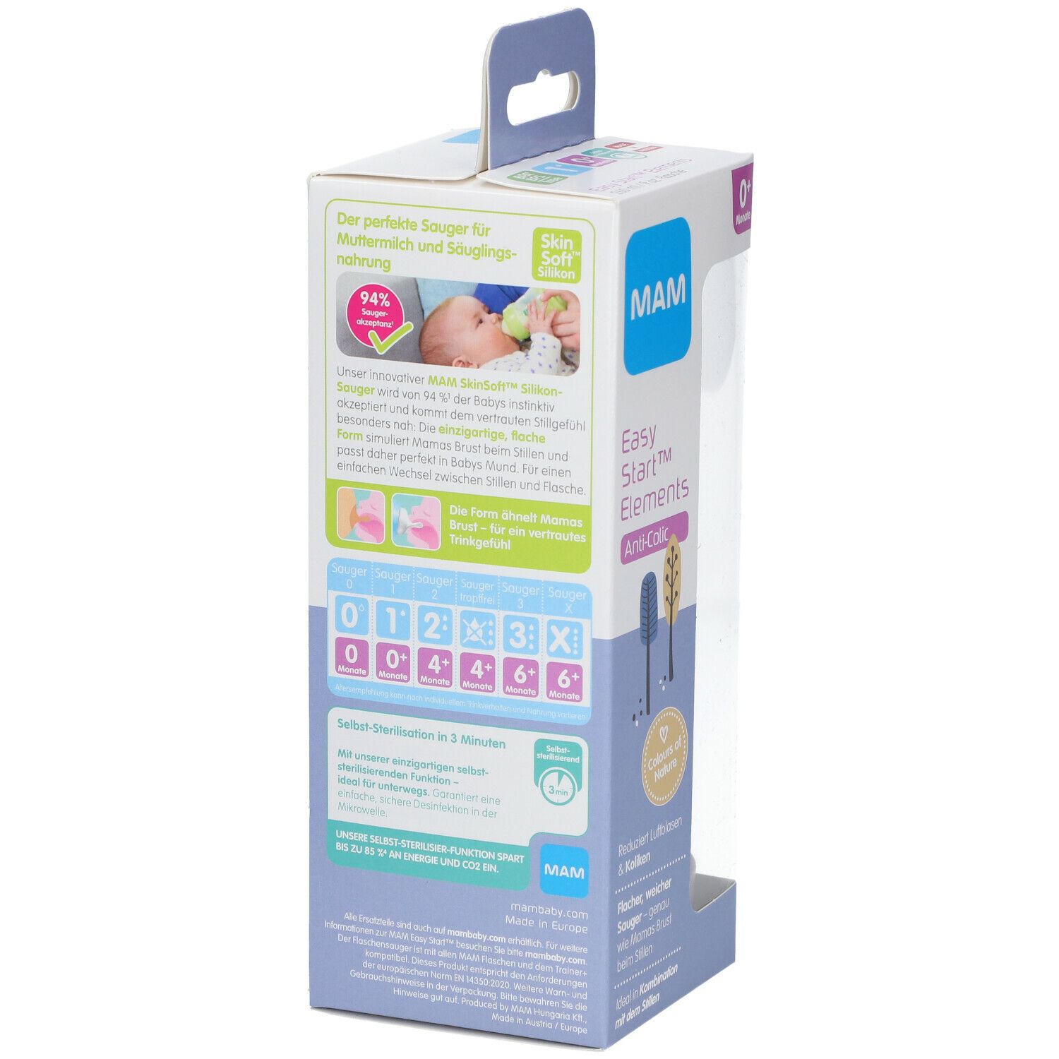 Verpakking van de babyfles. Tekst: MAM, Easy Start Elements Anti-Colic. Informatie over de fles.