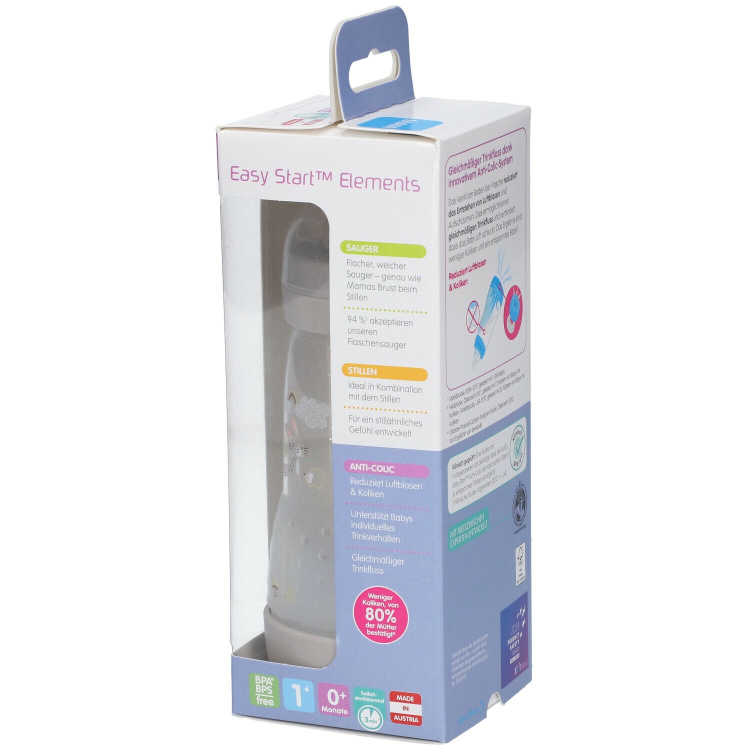 Babyfles in verpakking. Zichtbaar: MAM Easy Start Elements Anti-Colic. Informatie over de fles.