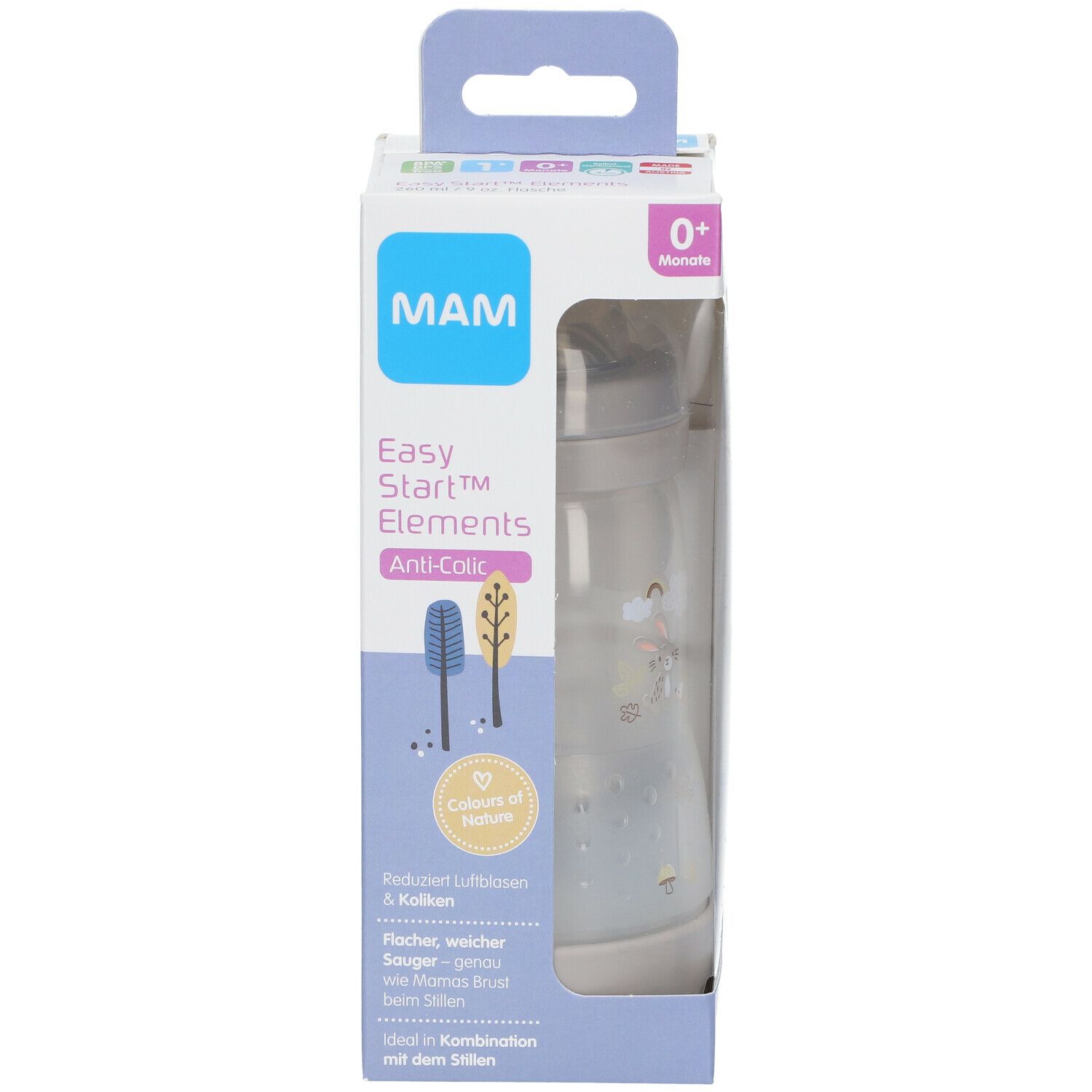 Babyfles in verpakking. Zichtbaar: MAM Easy Start Elements Anti-Colic, 0+ maanden.